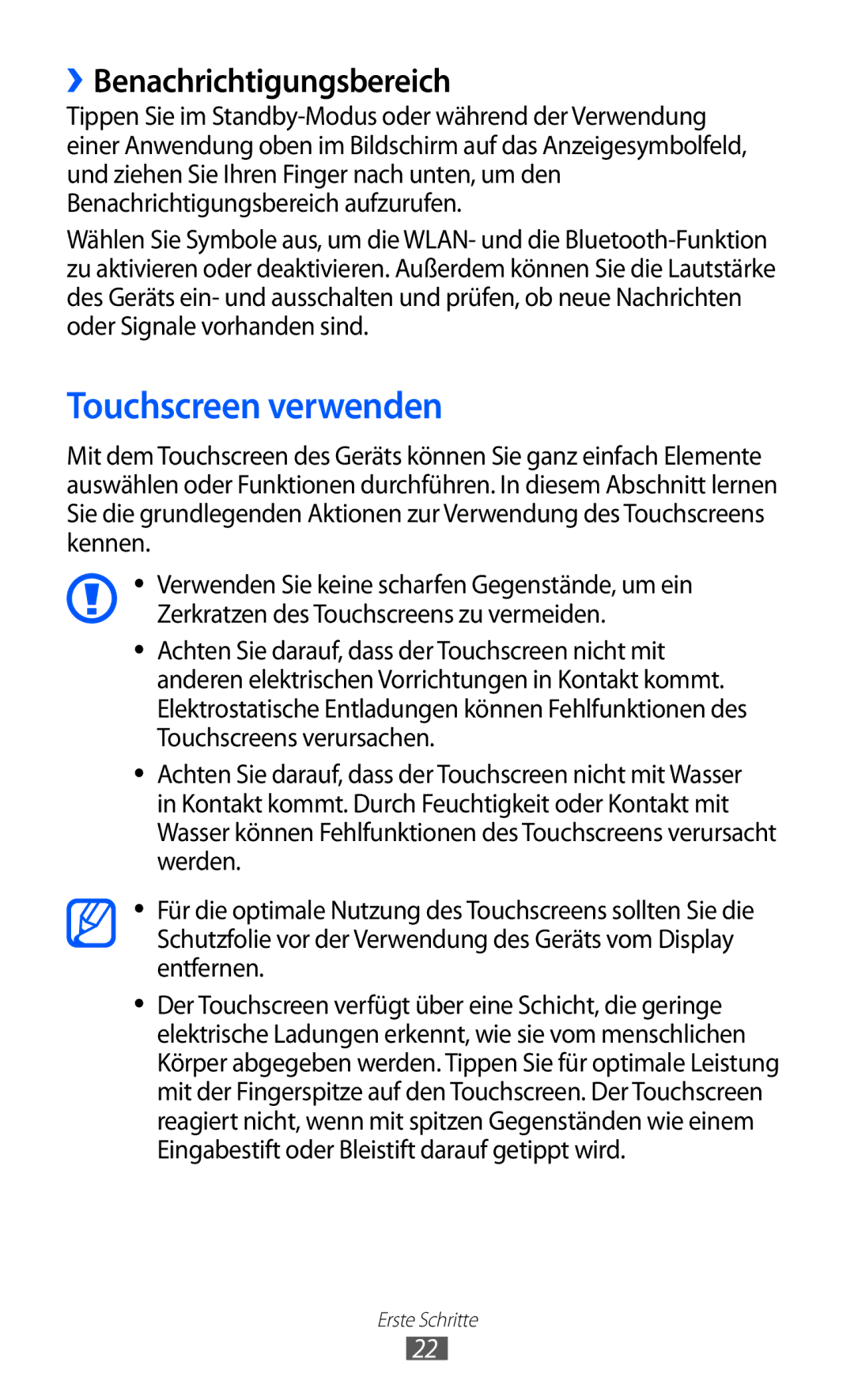 Samsung GT-S7250MSADBT manual Touchscreen verwenden, ››Benachrichtigungsbereich 