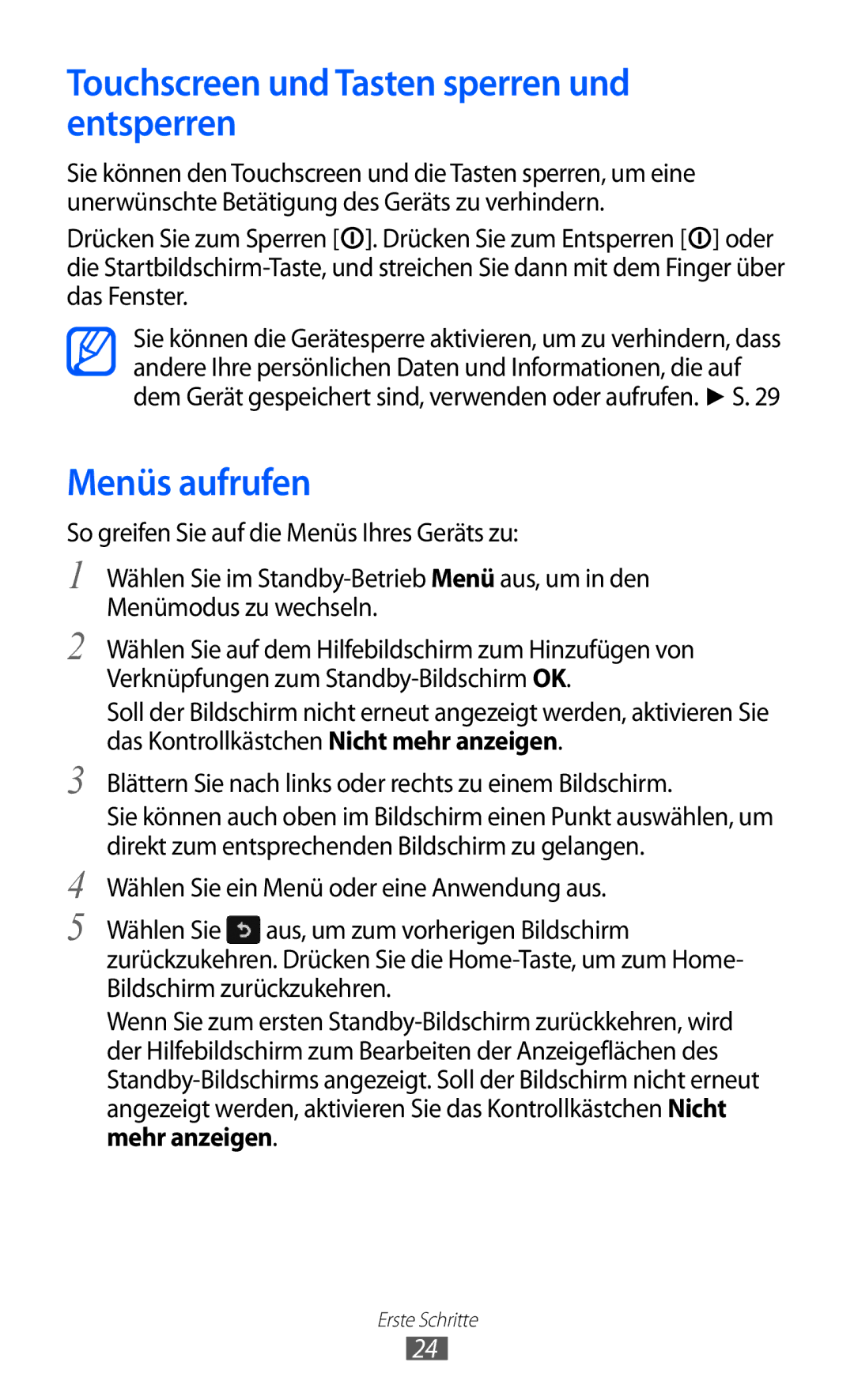 Samsung GT-S7250MSADBT manual Touchscreen und Tasten sperren und entsperren, Menüs aufrufen 