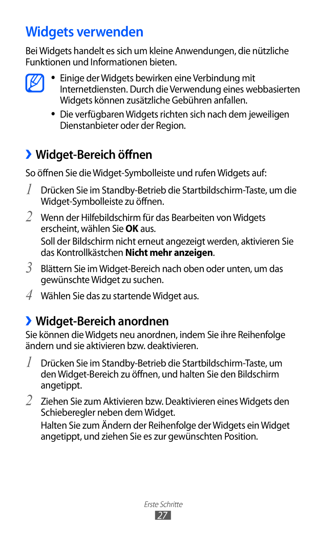 Samsung GT-S7250MSADBT manual Widgets verwenden, ››Widget-Bereich öffnen, ››Widget-Bereich anordnen 