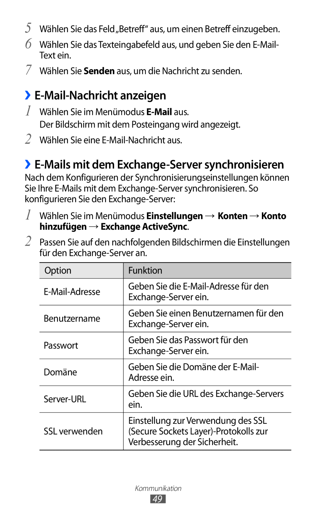 Samsung GT-S7250MSADBT manual ››E-Mail-Nachricht anzeigen, ››E-Mails mit dem Exchange-Server synchronisieren, Ein 