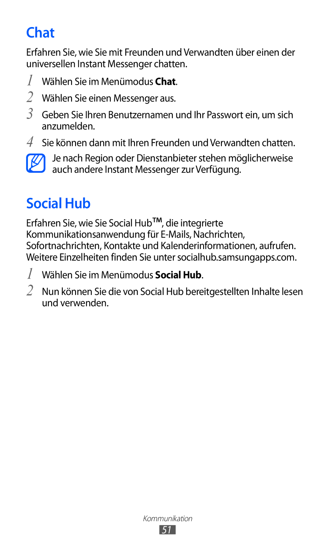 Samsung GT-S7250MSADBT manual Chat, Social Hub 