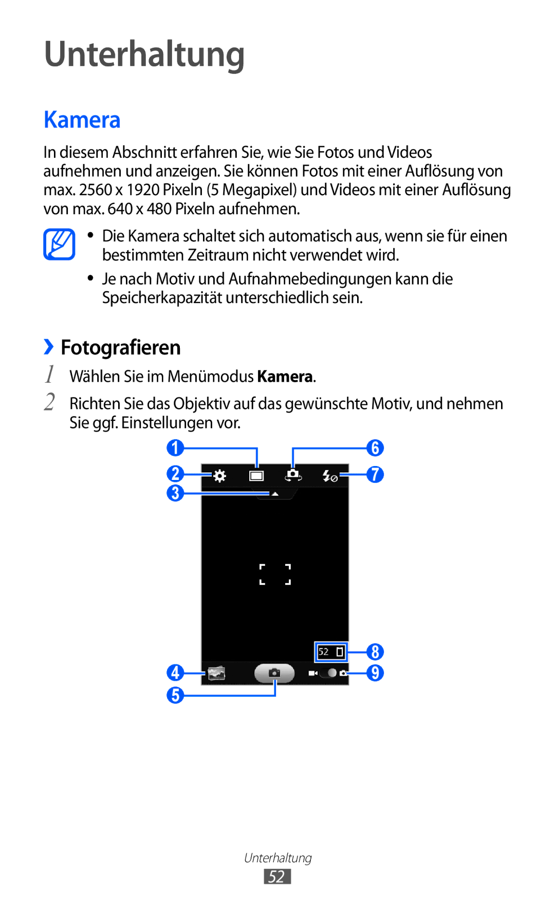 Samsung GT-S7250MSADBT manual Unterhaltung, Kamera, ››Fotografieren 