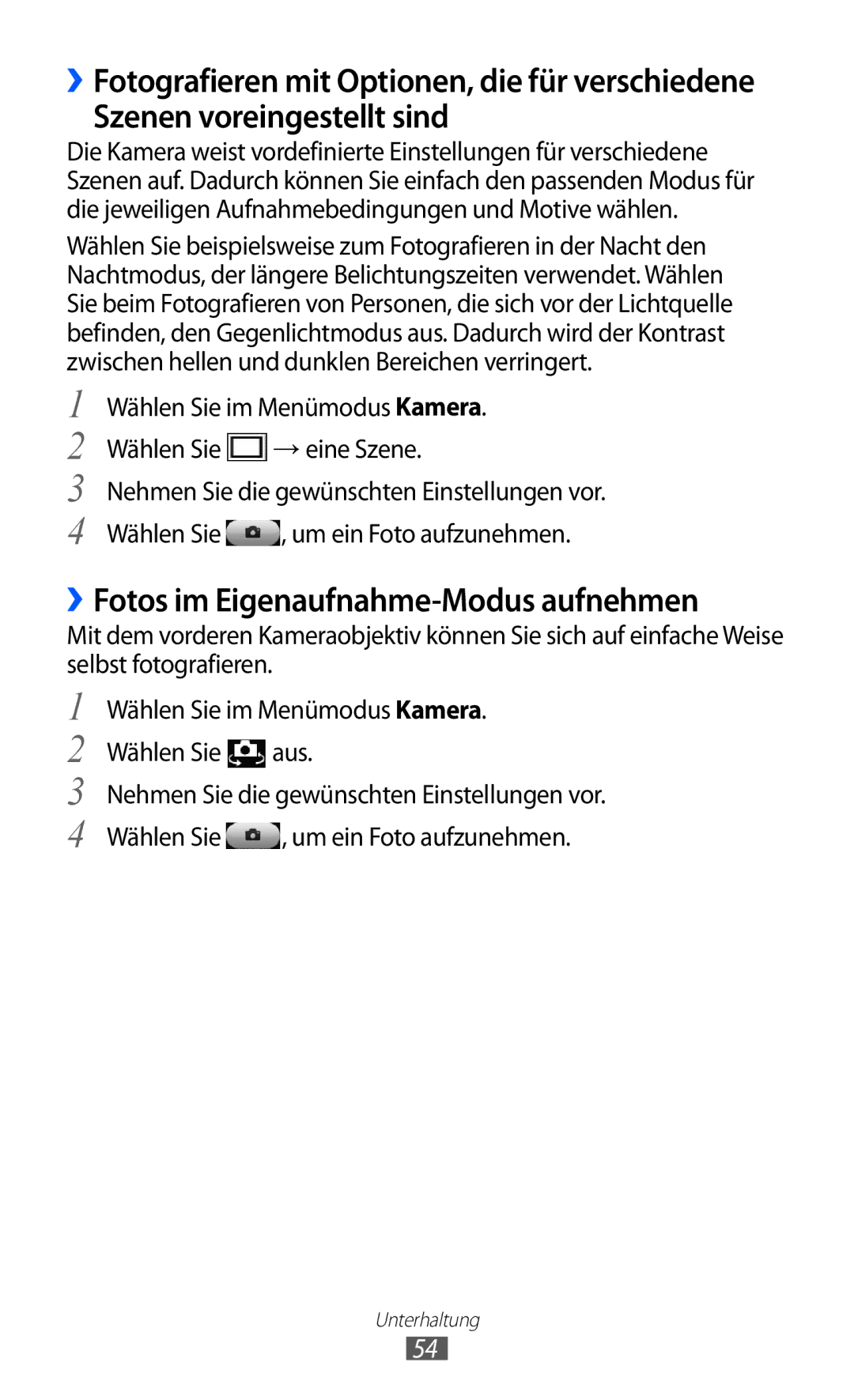 Samsung GT-S7250MSADBT manual Szenen voreingestellt sind, ››Fotos im Eigenaufnahme-Modus aufnehmen 