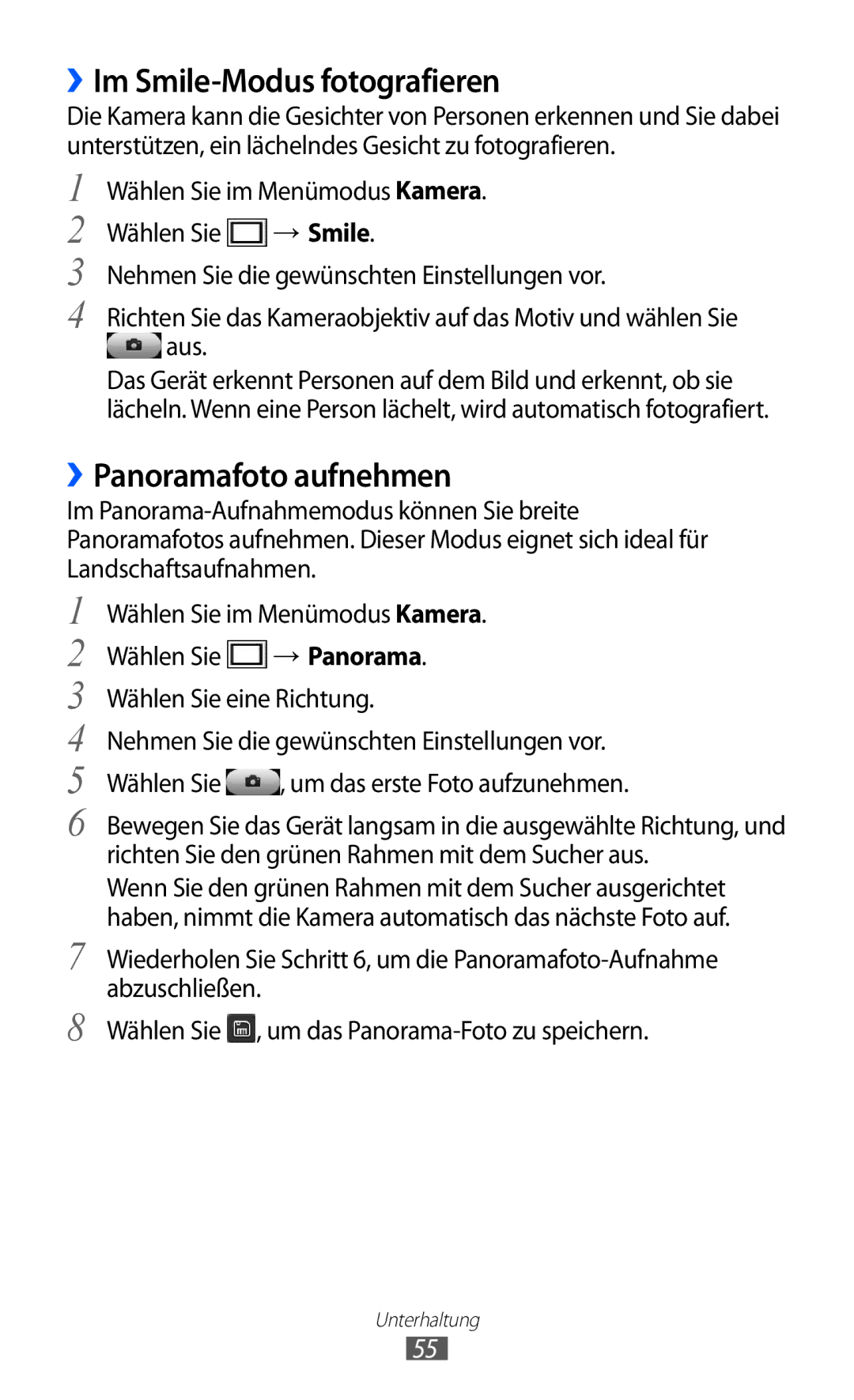 Samsung GT-S7250MSADBT manual ››Im Smile-Modus fotografieren, ››Panoramafoto aufnehmen 