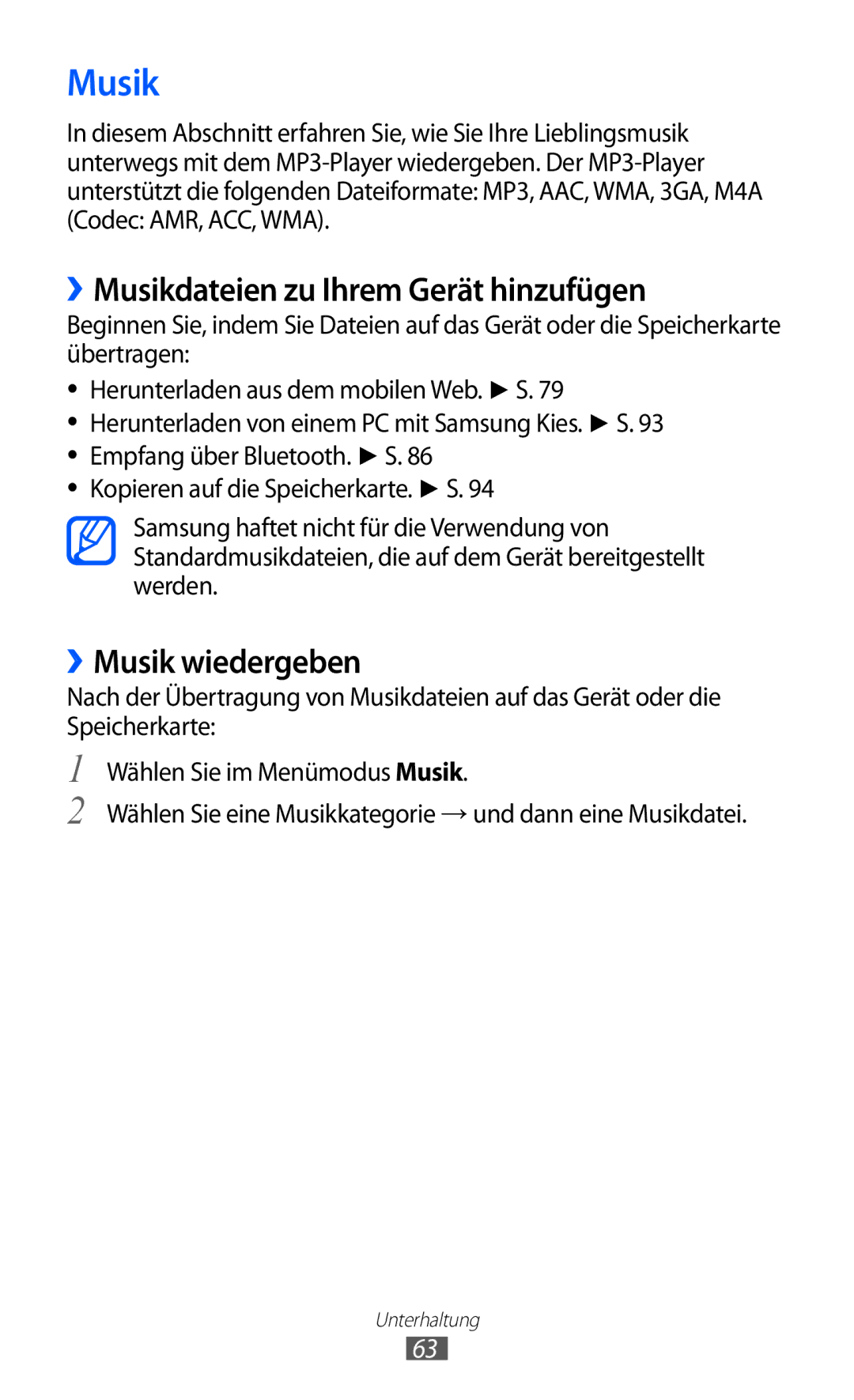 Samsung GT-S7250MSADBT manual ››Musikdateien zu Ihrem Gerät hinzufügen, ››Musik wiedergeben 