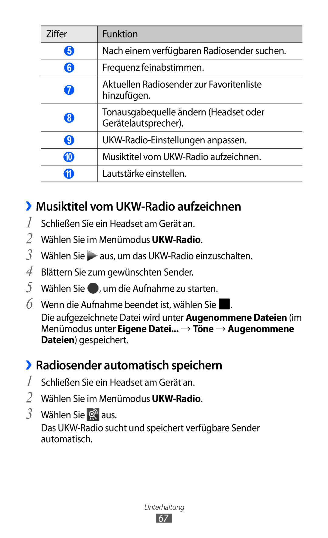 Samsung GT-S7250MSADBT manual ››Musiktitel vom UKW-Radio aufzeichnen, ››Radiosender automatisch speichern 