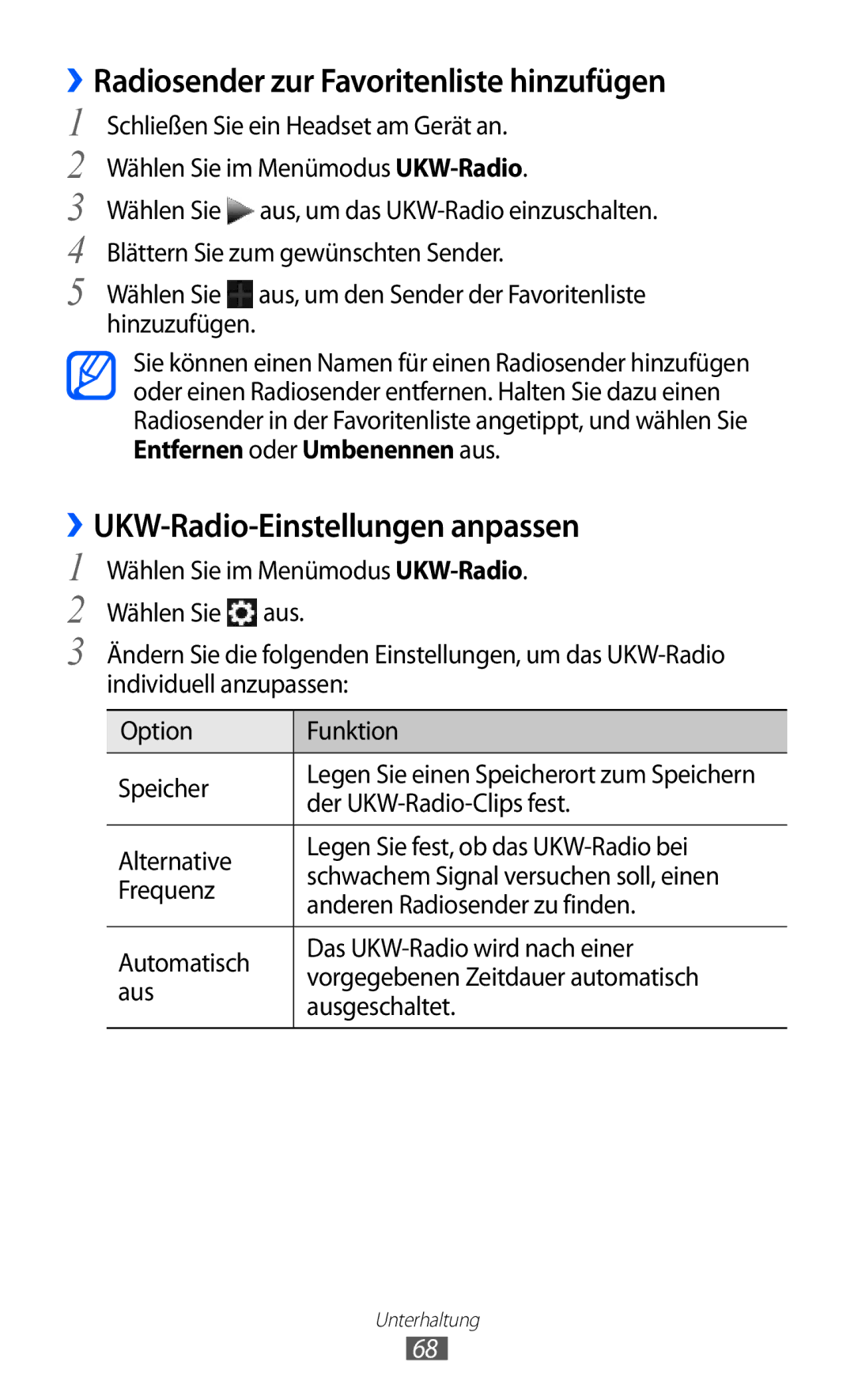 Samsung GT-S7250MSADBT manual ››Radiosender zur Favoritenliste hinzufügen, ››UKW-Radio-Einstellungen anpassen 