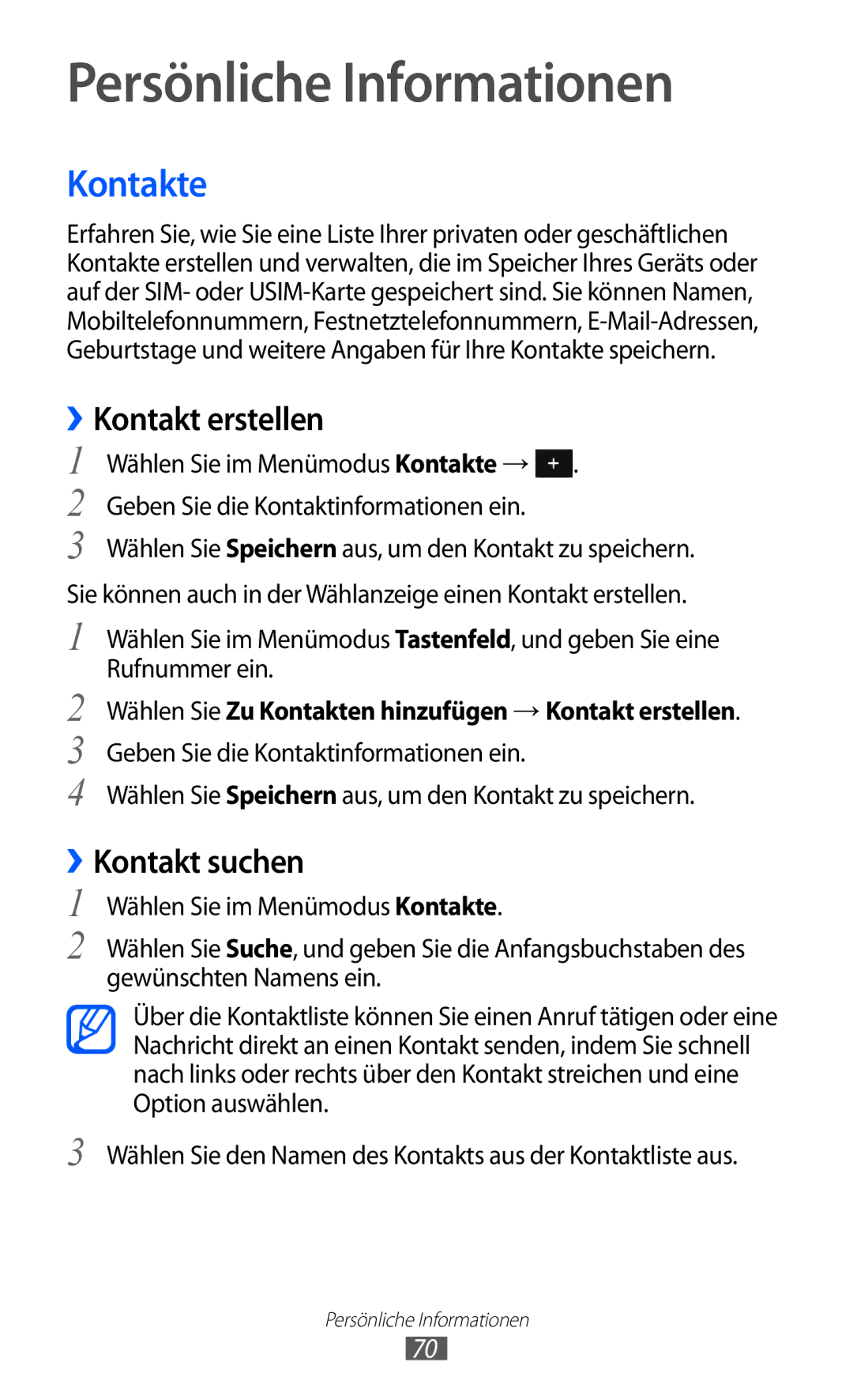 Samsung GT-S7250MSADBT manual Persönliche Informationen, Kontakte, ››Kontakt erstellen, ››Kontakt suchen 