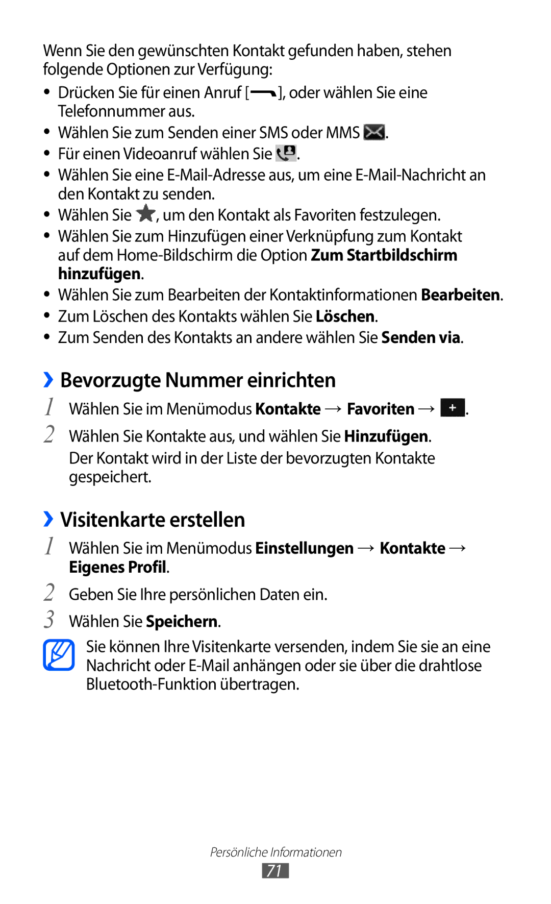 Samsung GT-S7250MSADBT manual ››Bevorzugte Nummer einrichten, ››Visitenkarte erstellen 