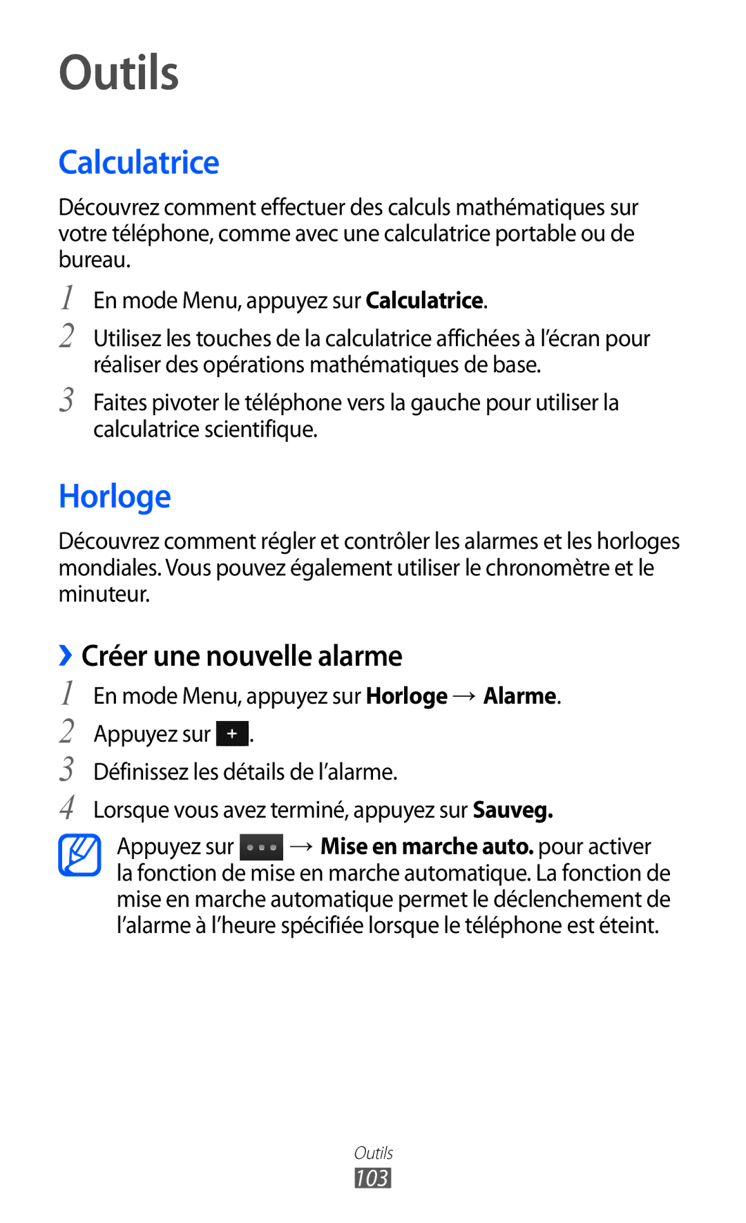 Samsung GT-S7250MSAFTM, GT-S7250MSANRJ, GT-S7250MSAXEF manual Outils, Calculatrice, Horloge, Créer une nouvelle alarme, 103 