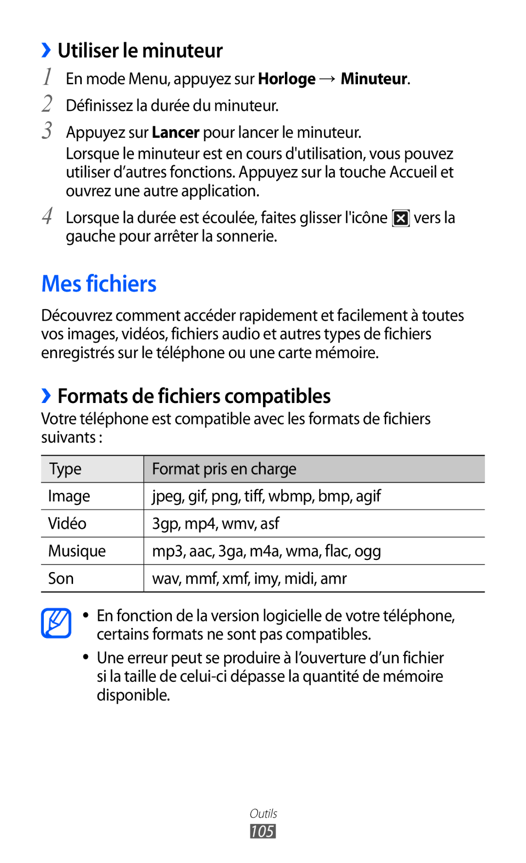 Samsung GT-S7250MSASFR, GT-S7250MSANRJ manual Mes fichiers, ››Utiliser le minuteur, Gauche pour arrêter la sonnerie, 105 