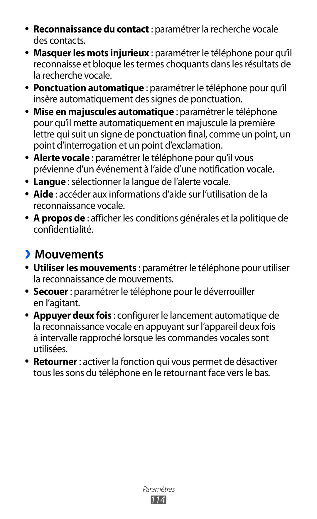 Samsung GT-S7250MSANRJ, GT-S7250MSAFTM, GT-S7250MSAXEF, GT-S7250MSASFR, GT-S7250MSABOG, GT-S7250MNAXEF manual ››Mouvements, 114 