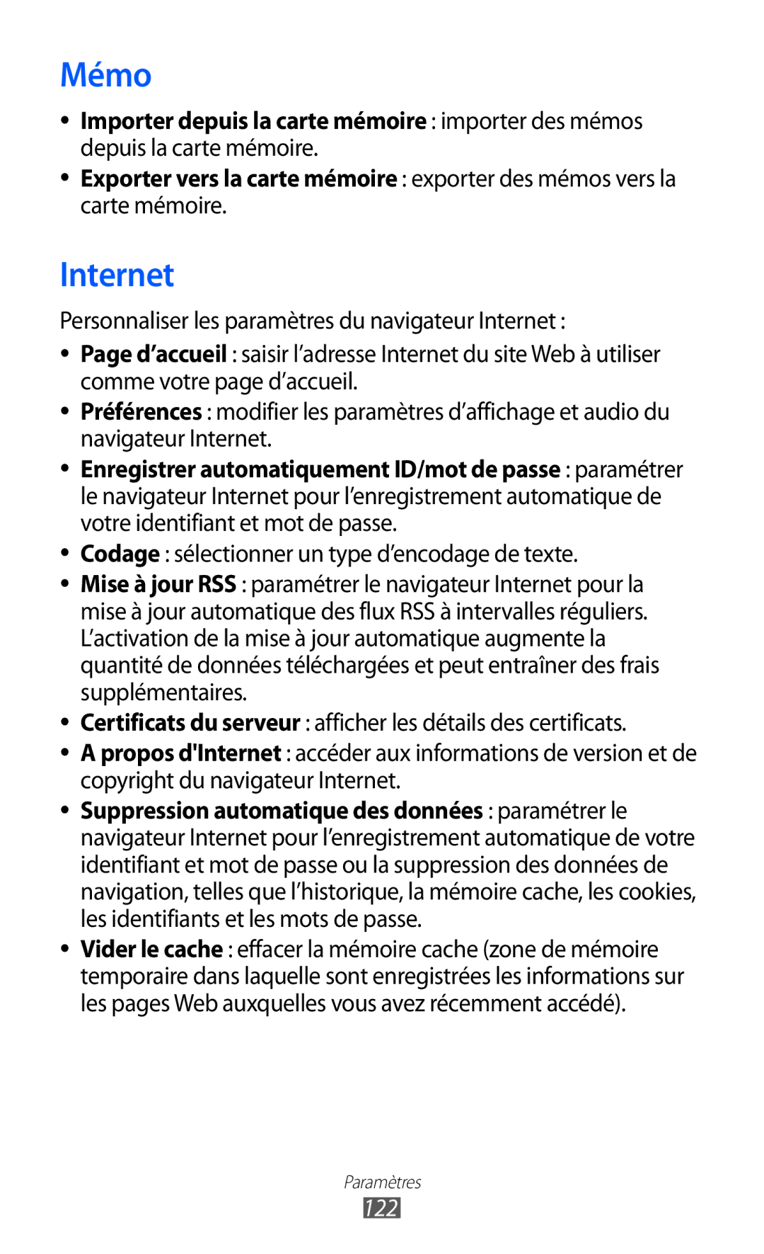 Samsung GT-S7250MSAXEF, GT-S7250MSANRJ manual Mémo, Carte mémoire, Codage sélectionner un type d’encodage de texte, 122 