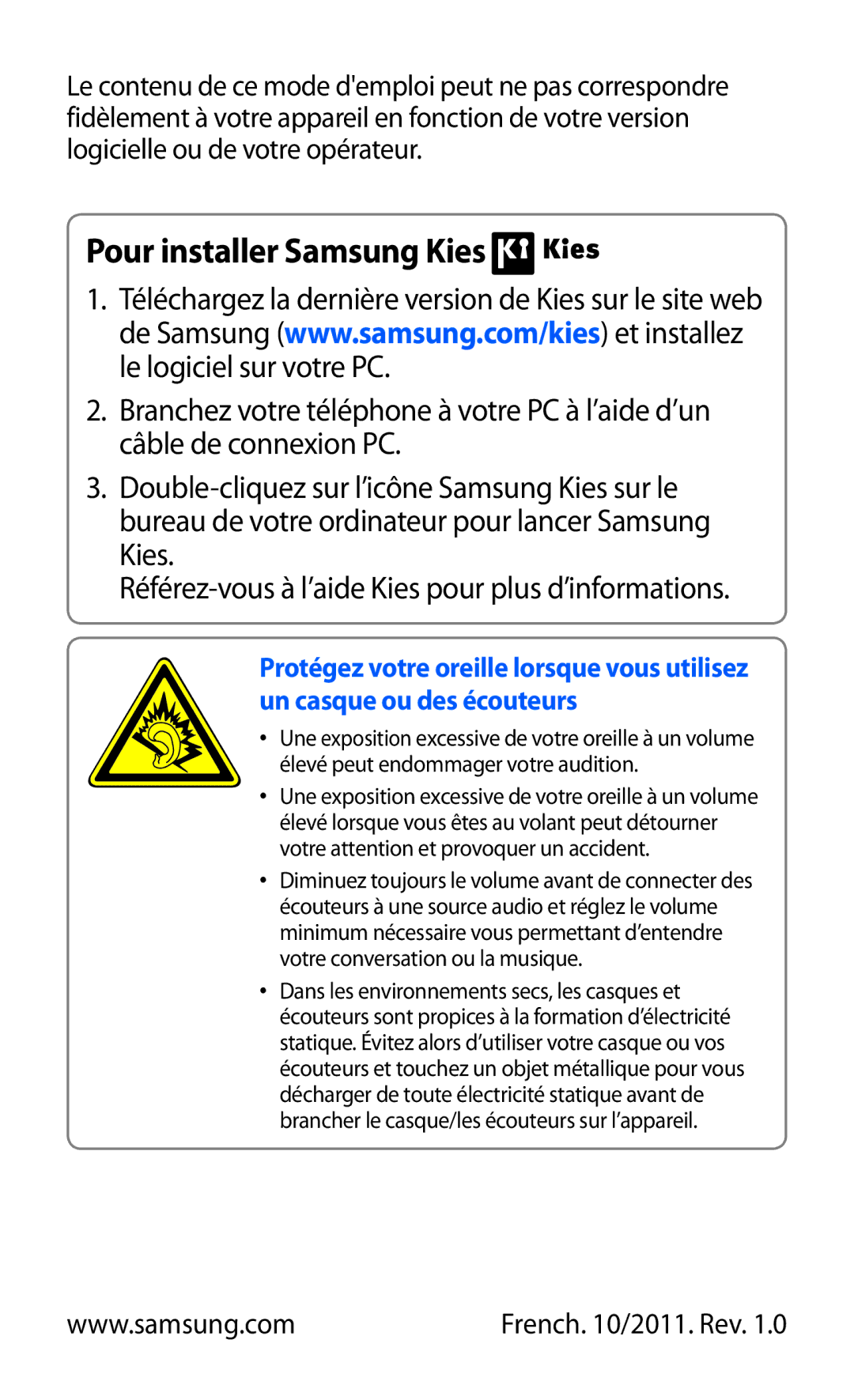 Samsung GT-S7250MSABOG, GT-S7250MSANRJ, GT-S7250MSAFTM, GT-S7250MSAXEF, GT-S7250MSASFR manual Pour installer Samsung Kies 