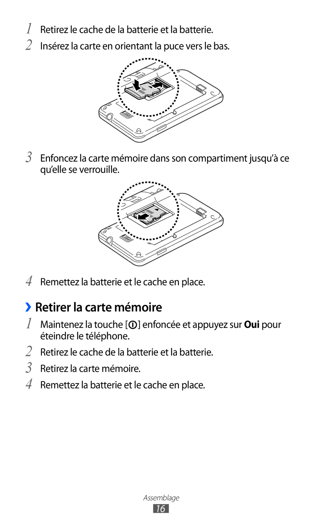 Samsung GT-S7250MSABOG, GT-S7250MSANRJ, GT-S7250MSAFTM, GT-S7250MSAXEF, GT-S7250MSASFR manual ››Retirer la carte mémoire 