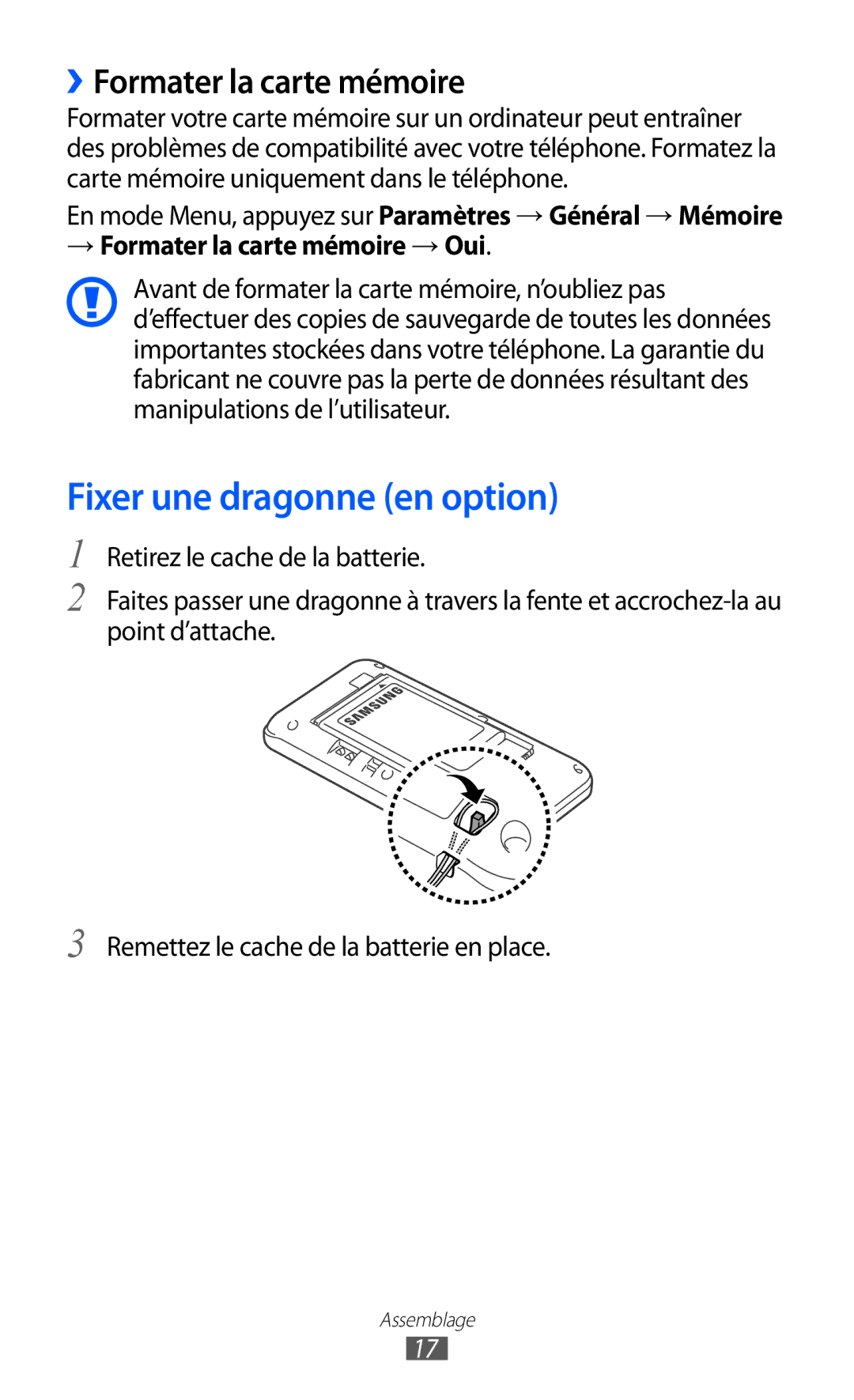 Samsung GT-S7250MNAXEF manual Fixer une dragonne en option, ››Formater la carte mémoire, → Formater la carte mémoire → Oui 