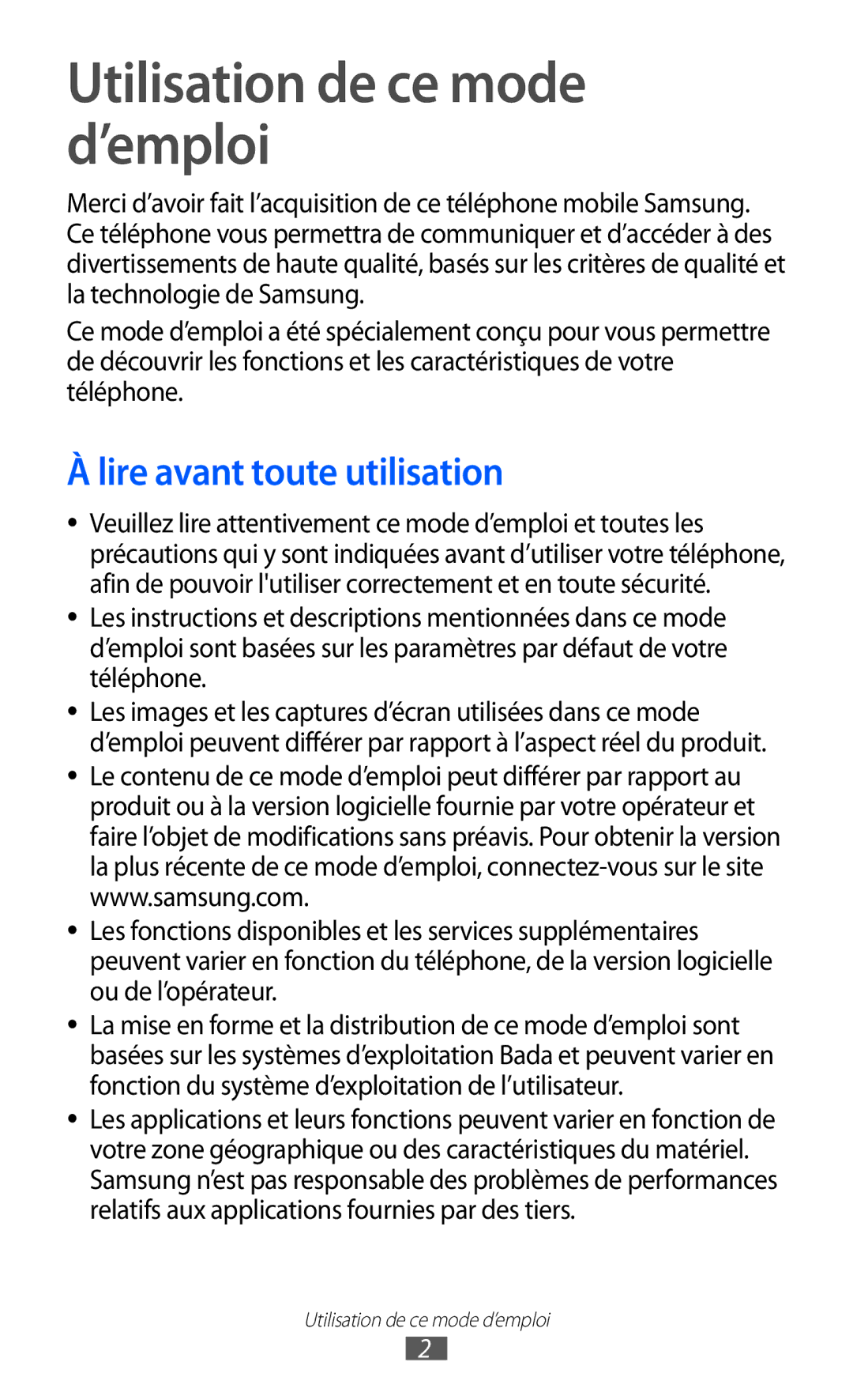 Samsung GT-S7250MSAXEF, GT-S7250MSANRJ, GT-S7250MSAFTM manual Utilisation de ce mode d’emploi, Lire avant toute utilisation 