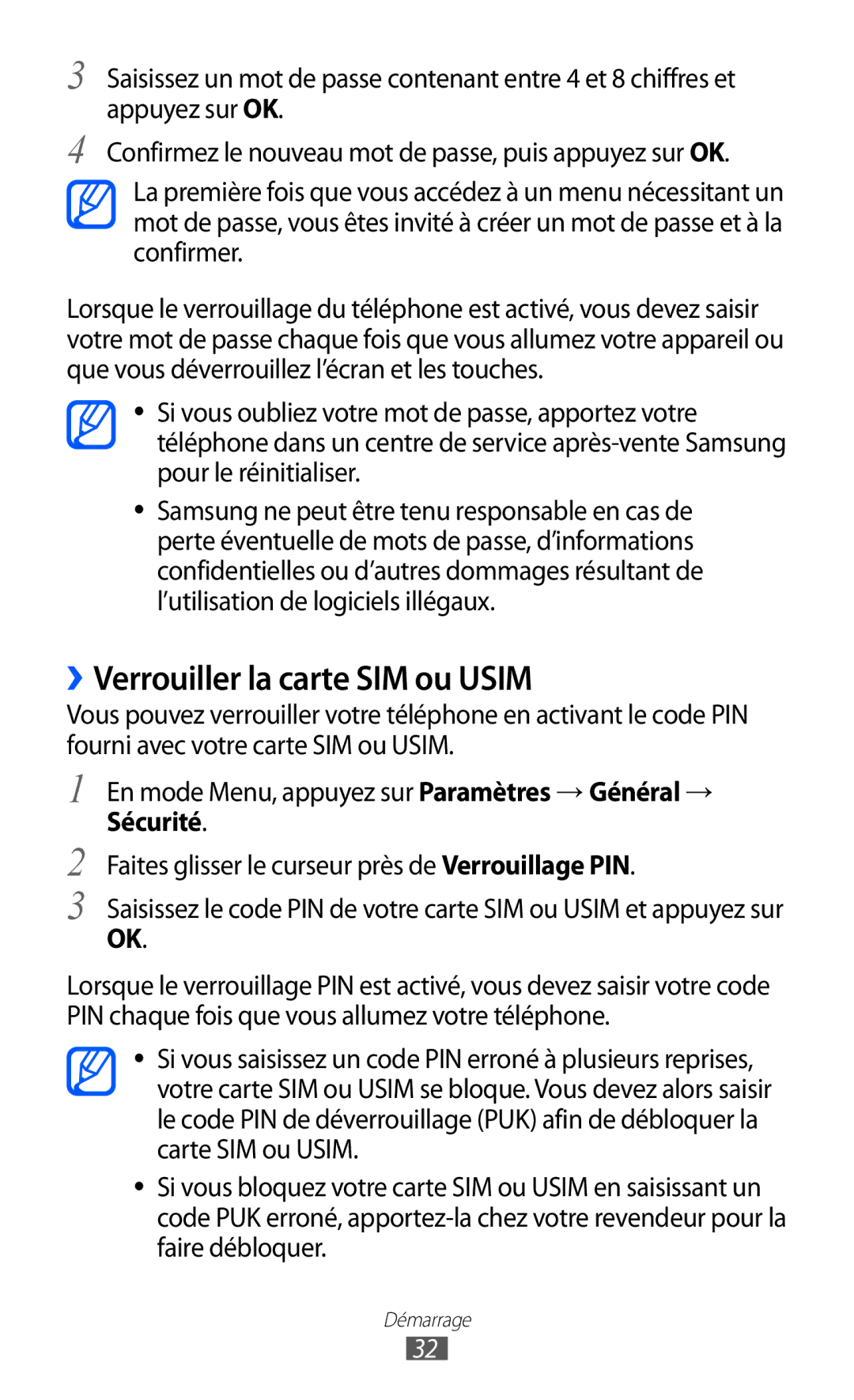 Samsung GT-S7250MSAXEF, GT-S7250MSANRJ, GT-S7250MSAFTM, GT-S7250MSASFR, GT-S7250MSABOG ››Verrouiller la carte SIM ou Usim 