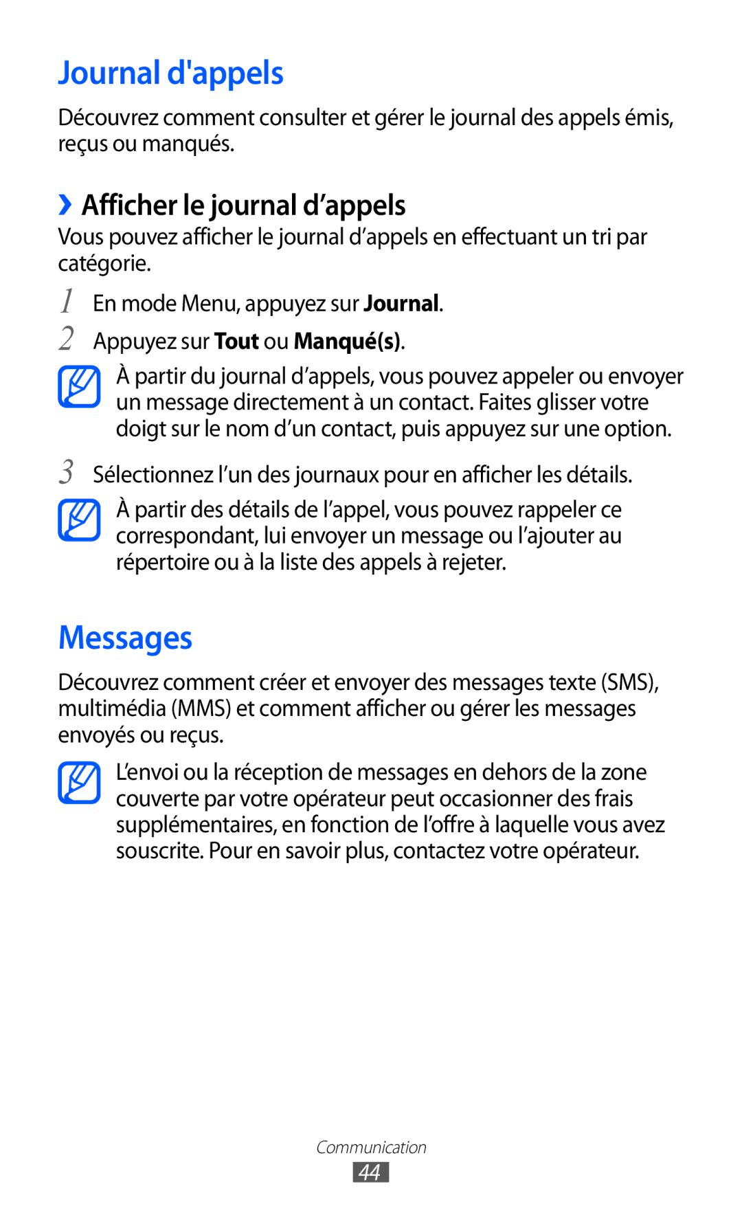 Samsung GT-S7250MSAXEF, GT-S7250MSANRJ, GT-S7250MSAFTM manual Journal dappels, Messages, ››Afficher le journal d’appels 