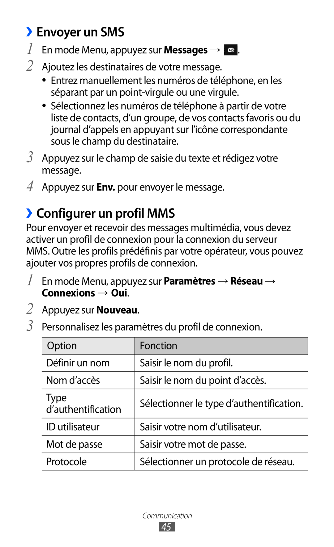 Samsung GT-S7250MSASFR manual ››Envoyer un SMS, ››Configurer un profil MMS, En mode Menu, appuyez sur Paramètres → Réseau → 