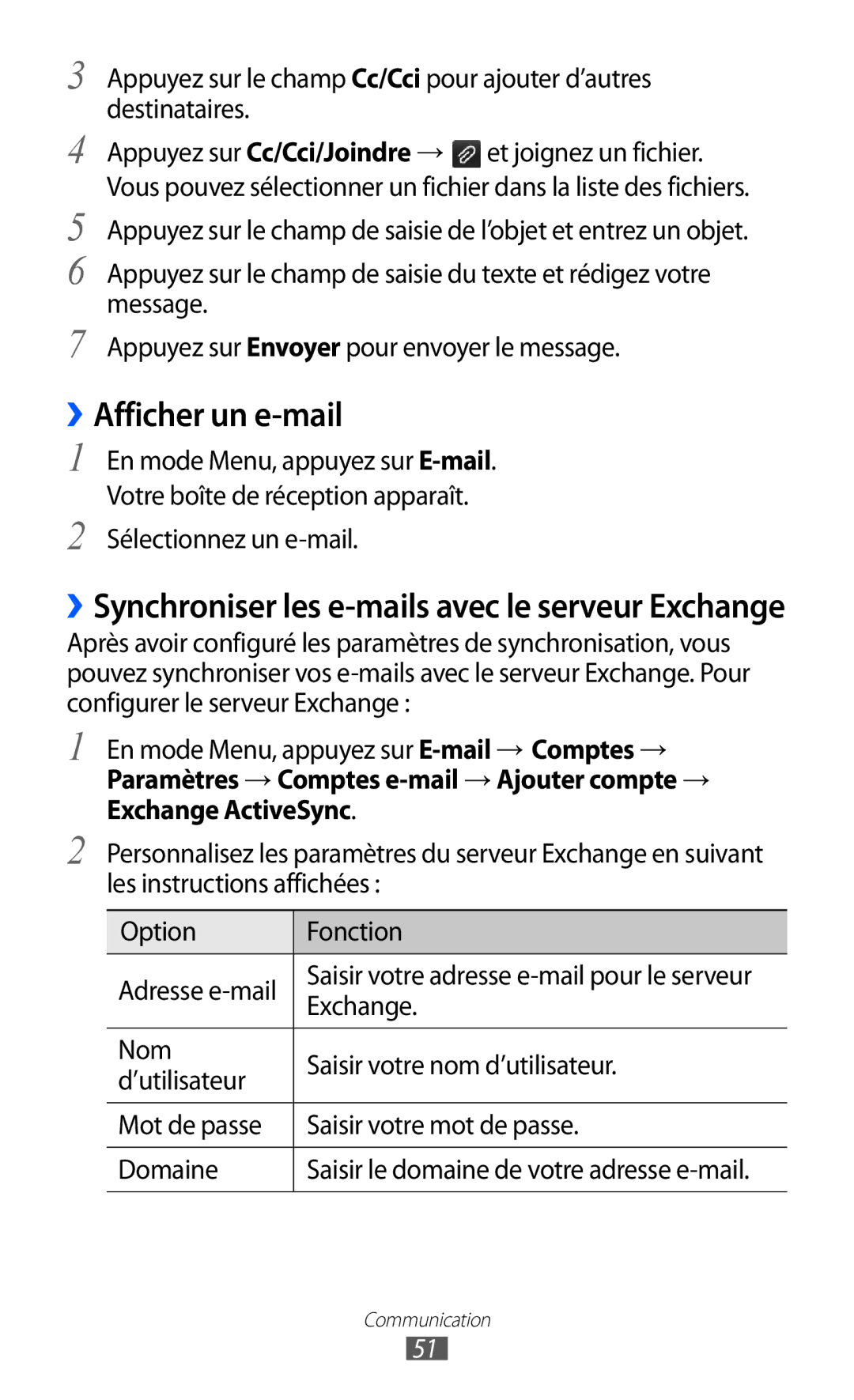 Samsung GT-S7250MSASFR, GT-S7250MSANRJ, GT-S7250MSAFTM manual ››Afficher un e-mail, Sélectionnez un e-mail, Exchange 