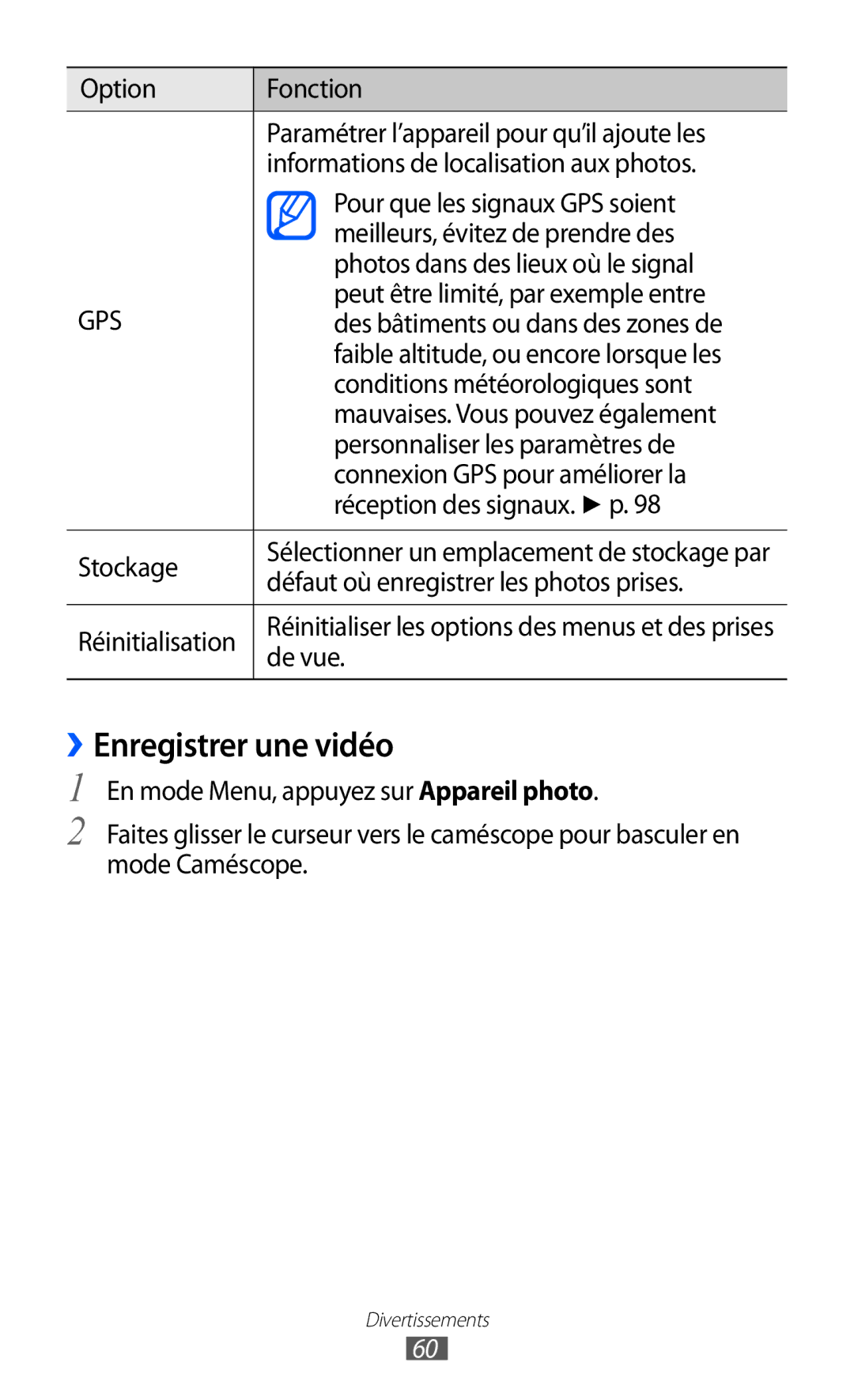 Samsung GT-S7250MSANRJ, GT-S7250MSAFTM, GT-S7250MSAXEF, GT-S7250MSASFR, GT-S7250MSABOG, GT-S7250MNAXEF ››Enregistrer une vidéo 