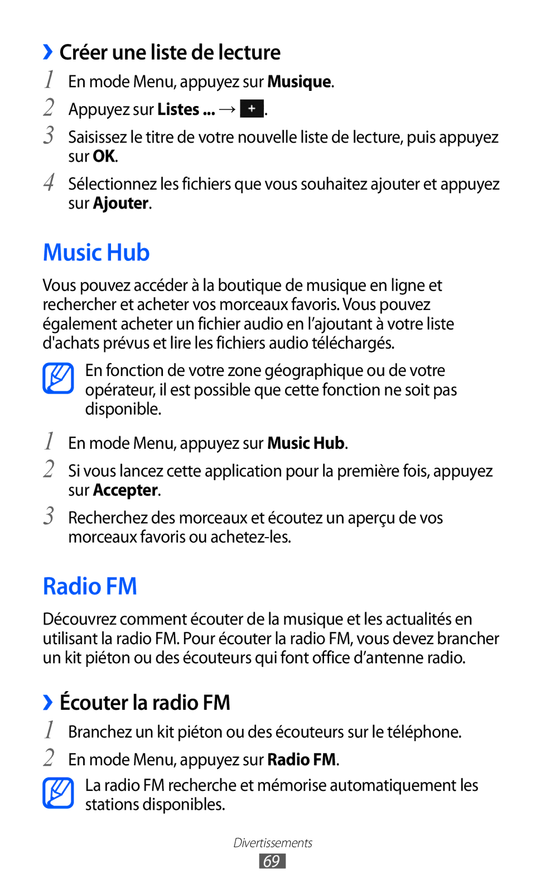 Samsung GT-S7250MSASFR manual Music Hub, Radio FM, ››Créer une liste de lecture, ››Écouter la radio FM, Sur Ajouter 