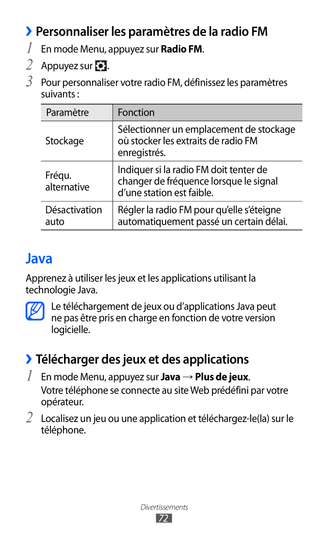 Samsung GT-S7250MSANRJ Java, ››Personnaliser les paramètres de la radio FM, ››Télécharger des jeux et des applications 