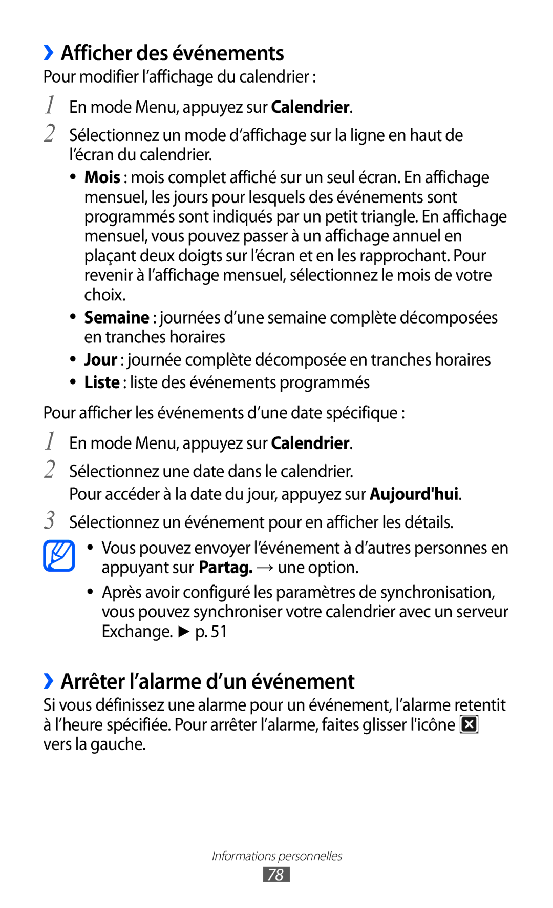 Samsung GT-S7250MSANRJ, GT-S7250MSAFTM, GT-S7250MSAXEF manual ››Afficher des événements, ››Arrêter l’alarme d’un événement 