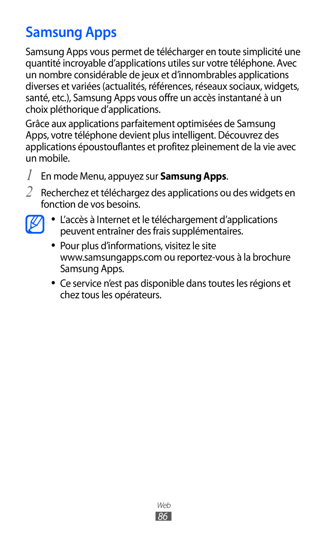 Samsung GT-S7250MSAXEF, GT-S7250MSANRJ, GT-S7250MSAFTM, GT-S7250MSASFR, GT-S7250MSABOG, GT-S7250MNAXEF manual Samsung Apps 