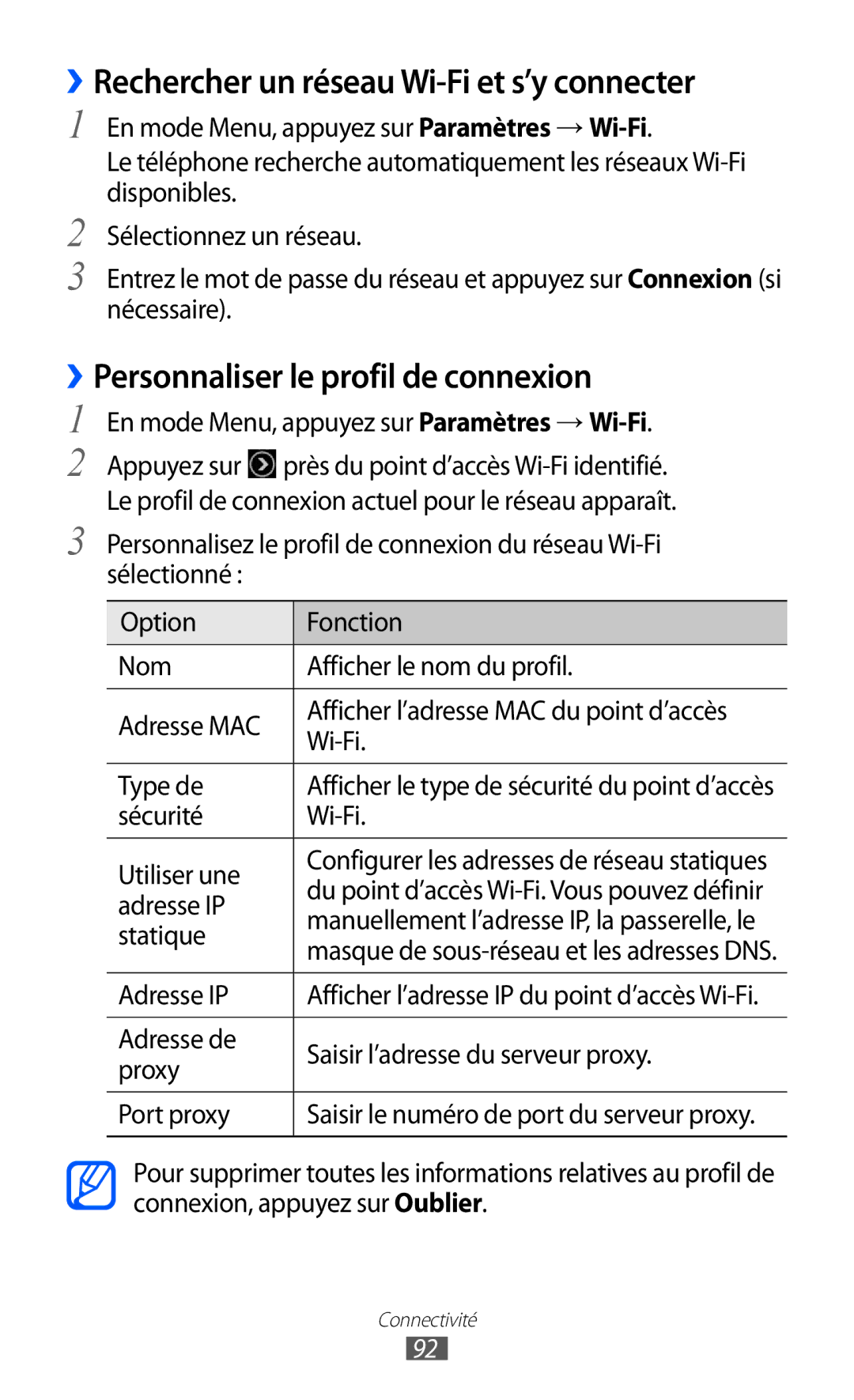 Samsung GT-S7250MSAXEF manual ››Rechercher un réseau Wi-Fi et s’y connecter, ››Personnaliser le profil de connexion 