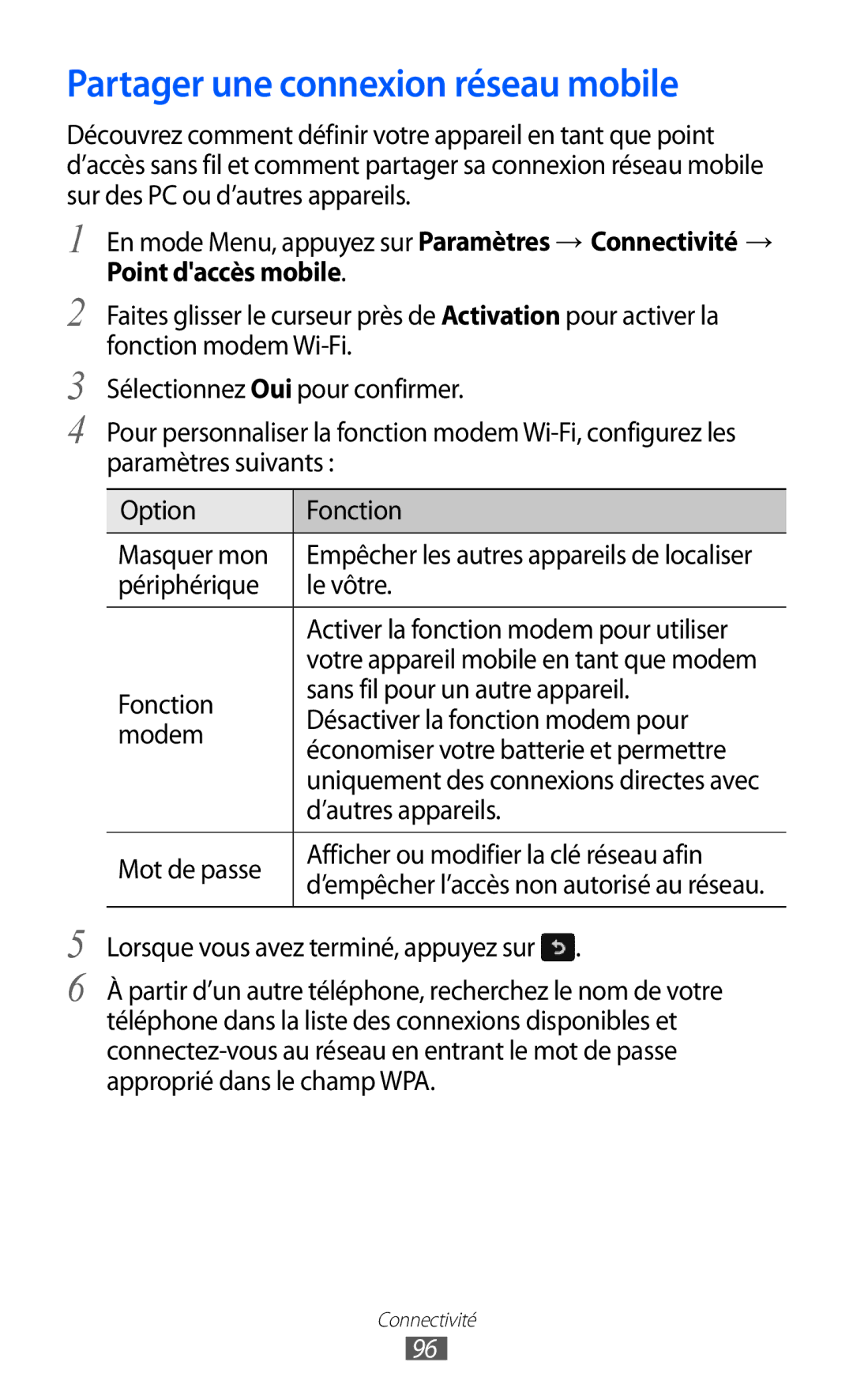 Samsung GT-S7250MSANRJ, GT-S7250MSAFTM, GT-S7250MSAXEF manual Partager une connexion réseau mobile, ’autres appareils 