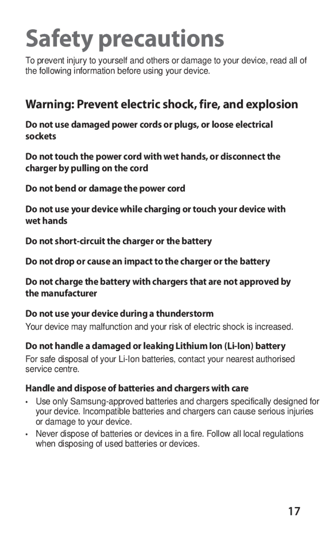 Samsung GT-S7250MSDKSA, GT-S7250MSDJED manual Safety precautions, Handle and dispose of batteries and chargers with care 