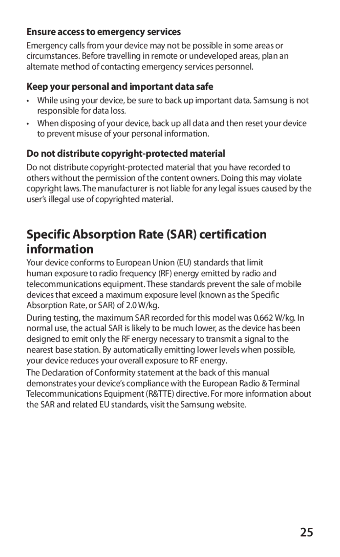 Samsung GT-S7250MSDXSG manual Specific Absorption Rate SAR certification information, Ensure access to emergency services 