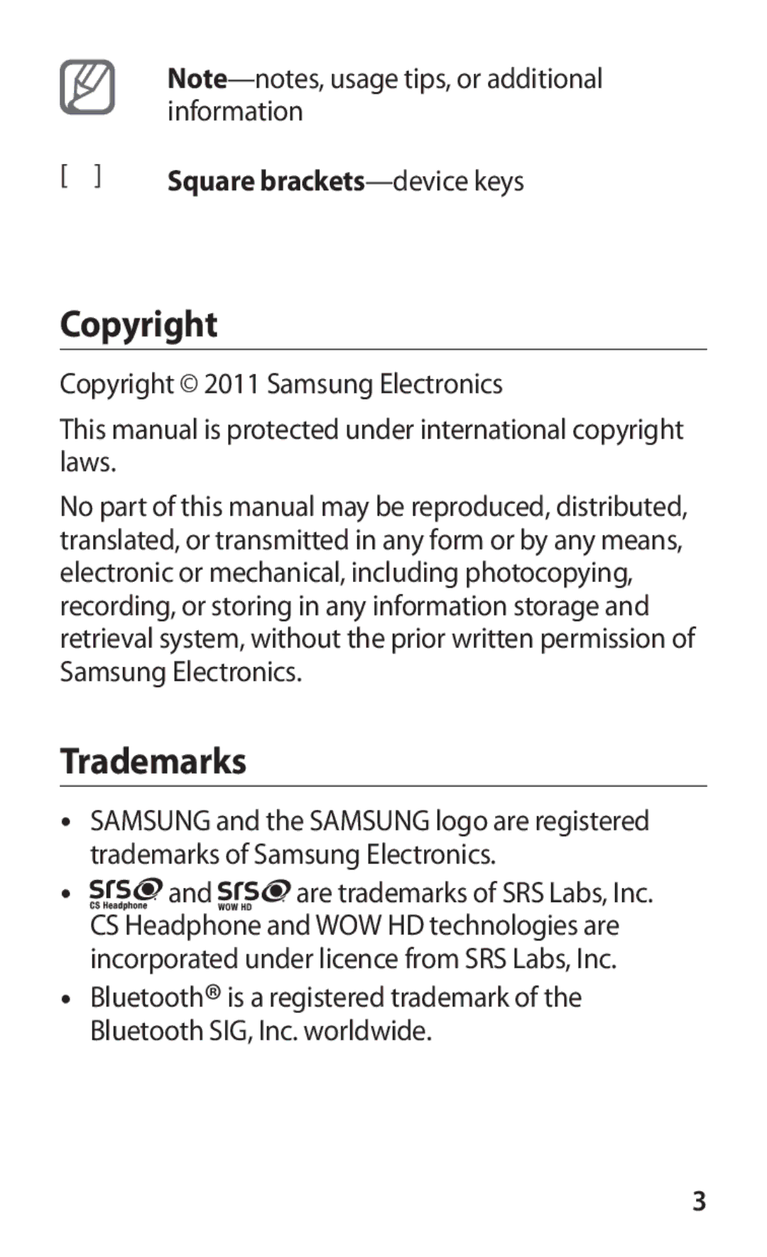 Samsung GT-S7250MSDKSA, GT-S7250MSDJED, GT-S7250MSDSKZ, GT-S7250MSDTHR Copyright, Trademarks, Square brackets-device keys 