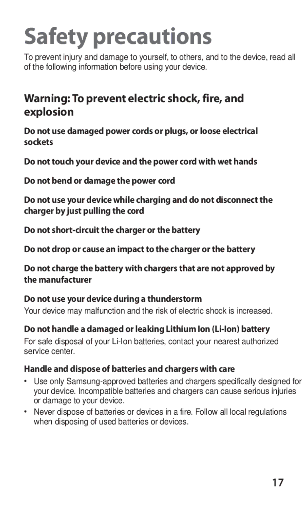 Samsung GT-S7250MSDXSG, GT-S7250MSDJED manual Safety precautions, Handle and dispose of batteries and chargers with care 