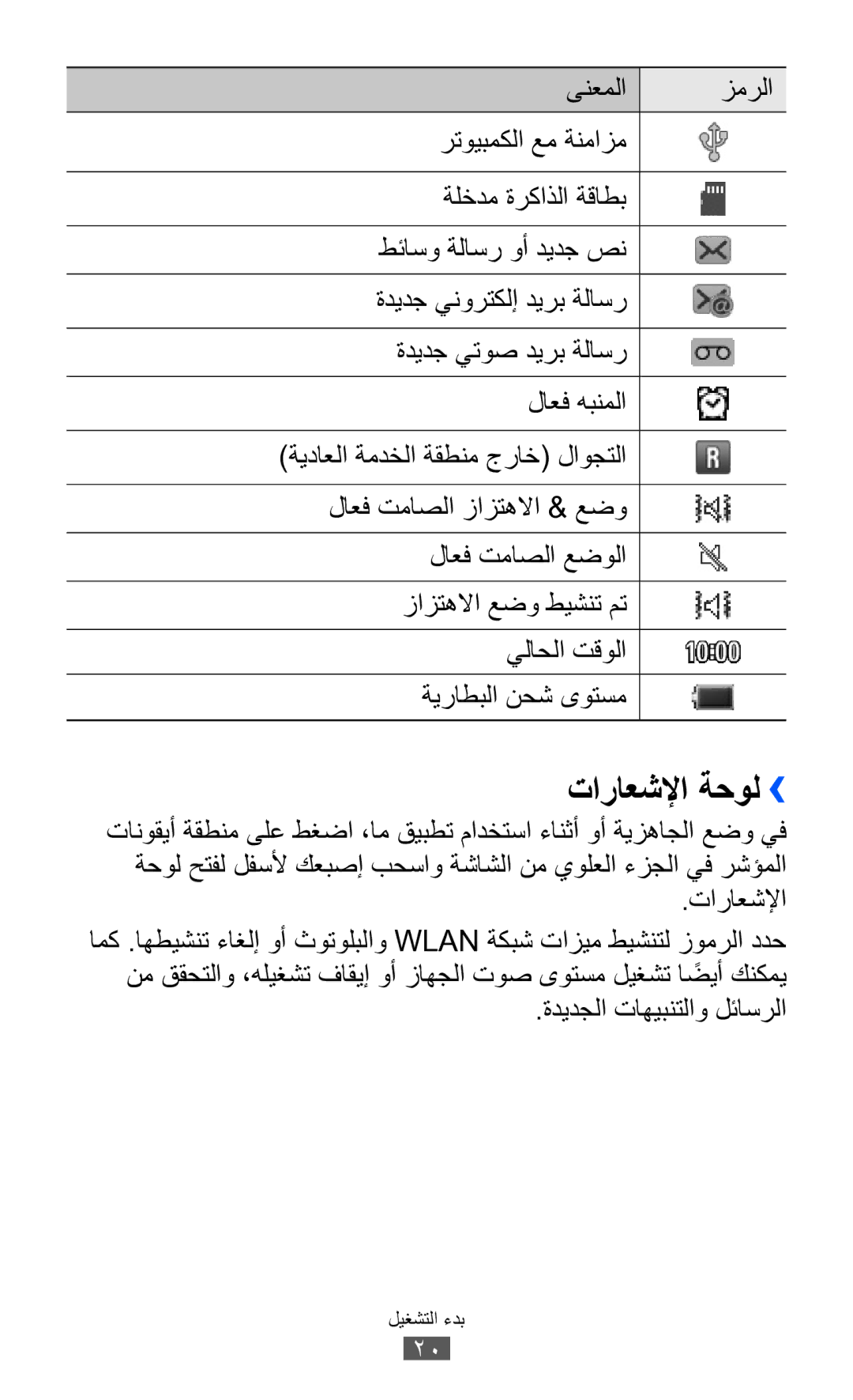 Samsung GT-S7250MSDJED, GT-S7250MSDSKZ, GT-S7250MSDTHR manual تاراعشلإا ةحول››, زمرلا, ىنعملا, ةديدجلا تاهيبنتلاو لئاسرلا 