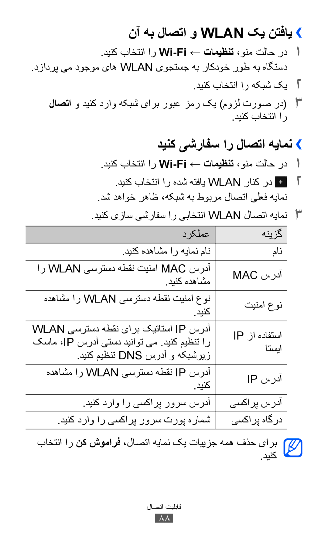 Samsung GT-S7250MSDKSA, GT-S7250MSDJED, GT-S7250MSDSKZ manual نآ هب لاصتا و Wlan کی نتفای››, دینک یشرافس ار لاصتا هیامن›› 