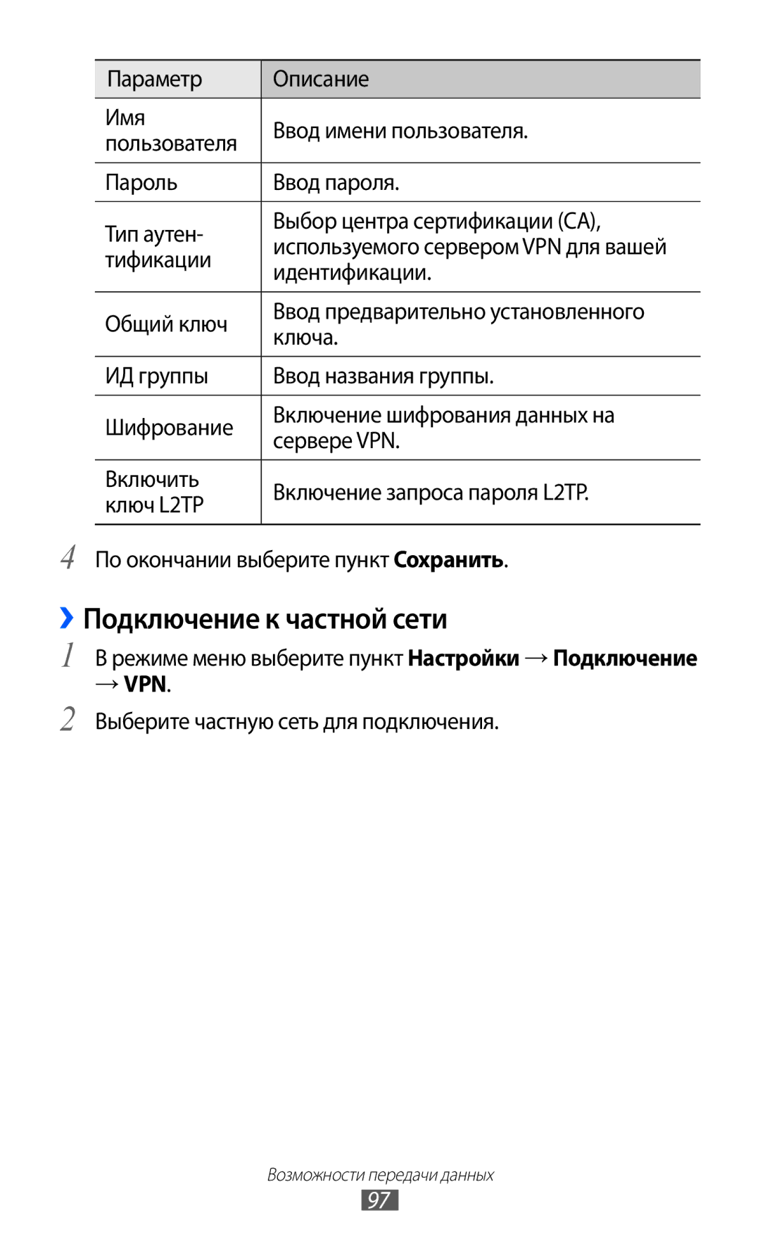 Samsung GT-S7250MSDSER manual ››Подключение к частной сети, Тификации, Идентификации, → Vpn 