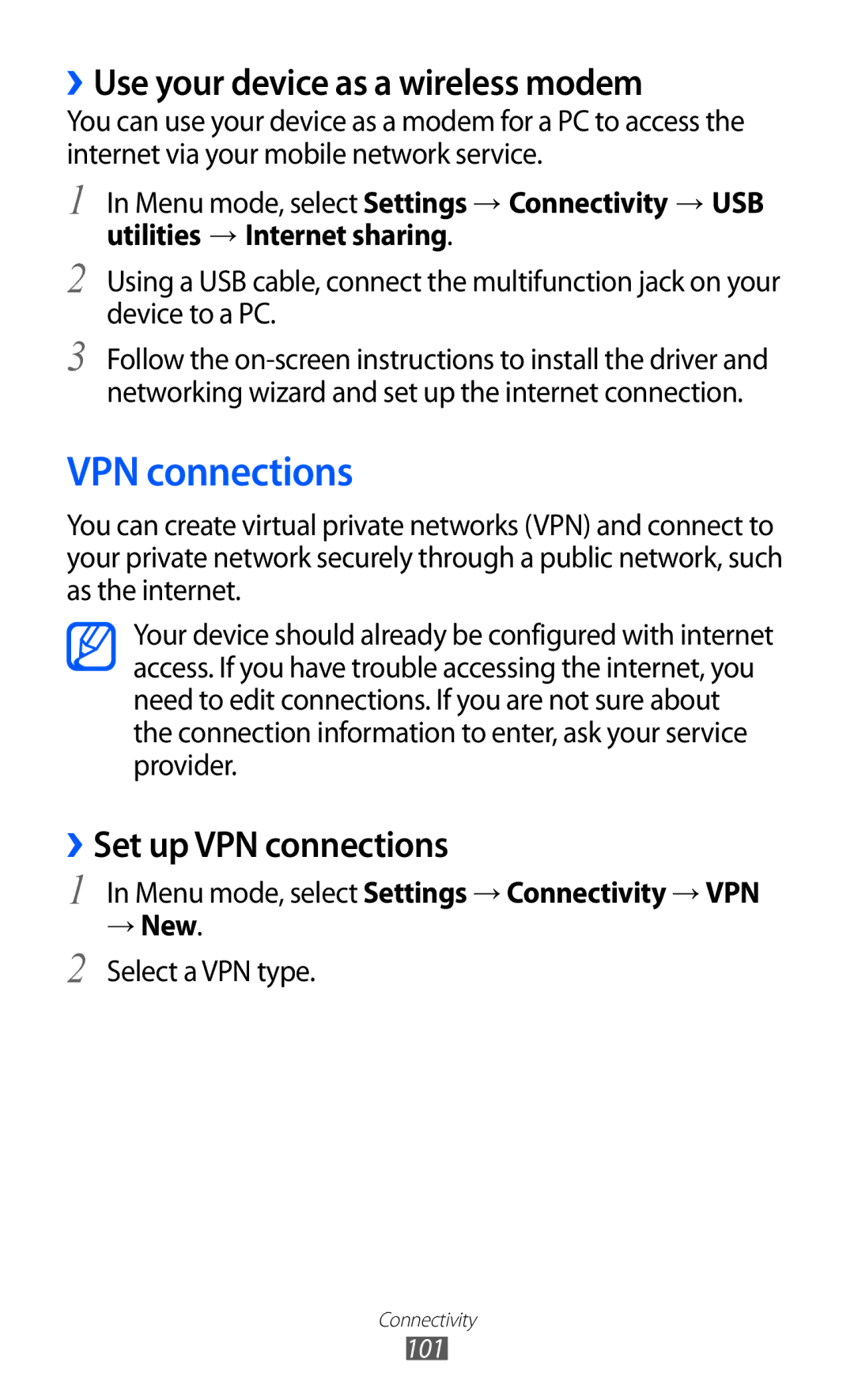 Samsung GT-S7250MSDYOG, GT-S7250MSDWIN, GT-S7250MSDITV ››Use your device as a wireless modem, ››Set up VPN connections 