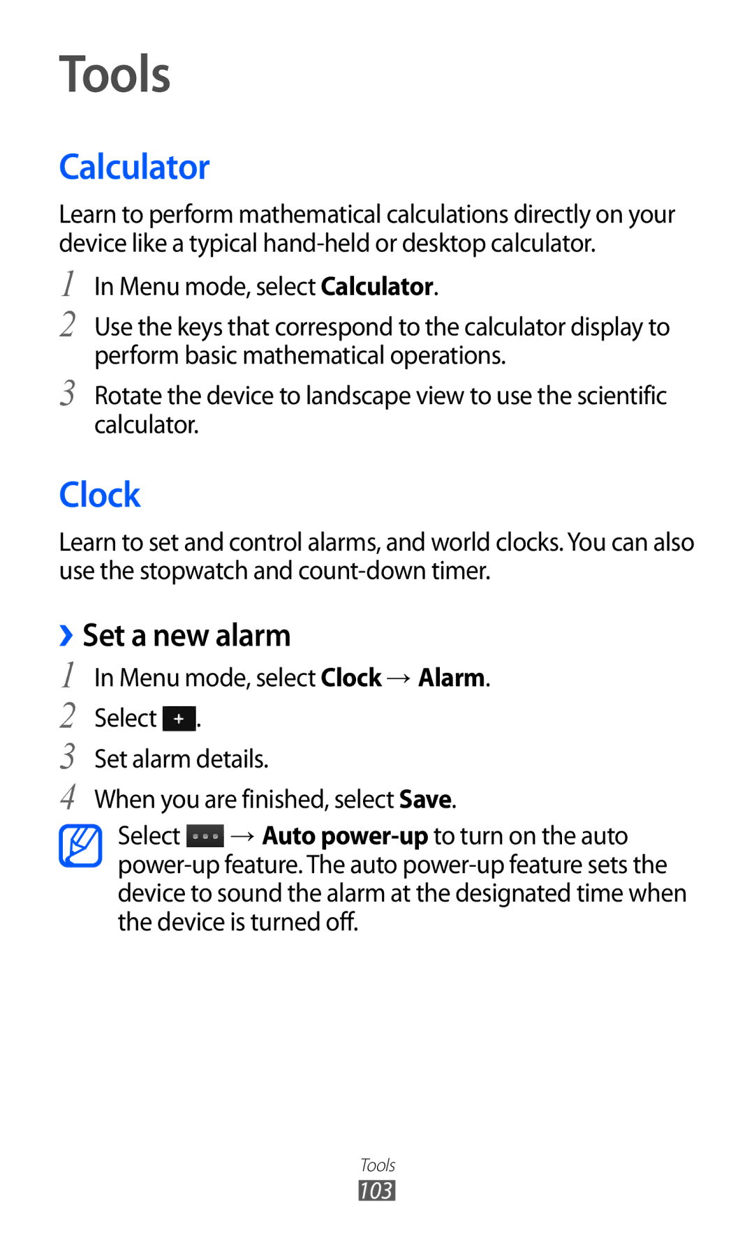 Samsung GT-S7250MSDSKZ, GT-S7250MSDWIN, GT-S7250MSDITV, GT-S7250MSDYOG manual Tools, Calculator, Clock, ››Set a new alarm 