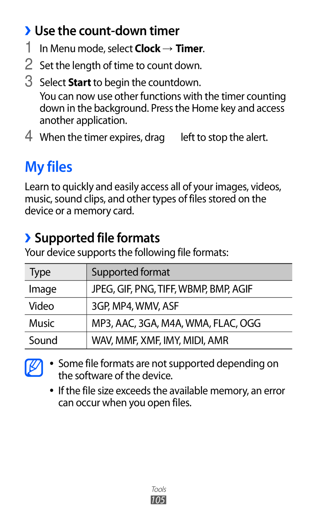 Samsung GT-S7250MSDKSA, GT-S7250MSDWIN, GT-S7250MSDITV manual My files, ››Use the count-down timer, ››Supported file formats 