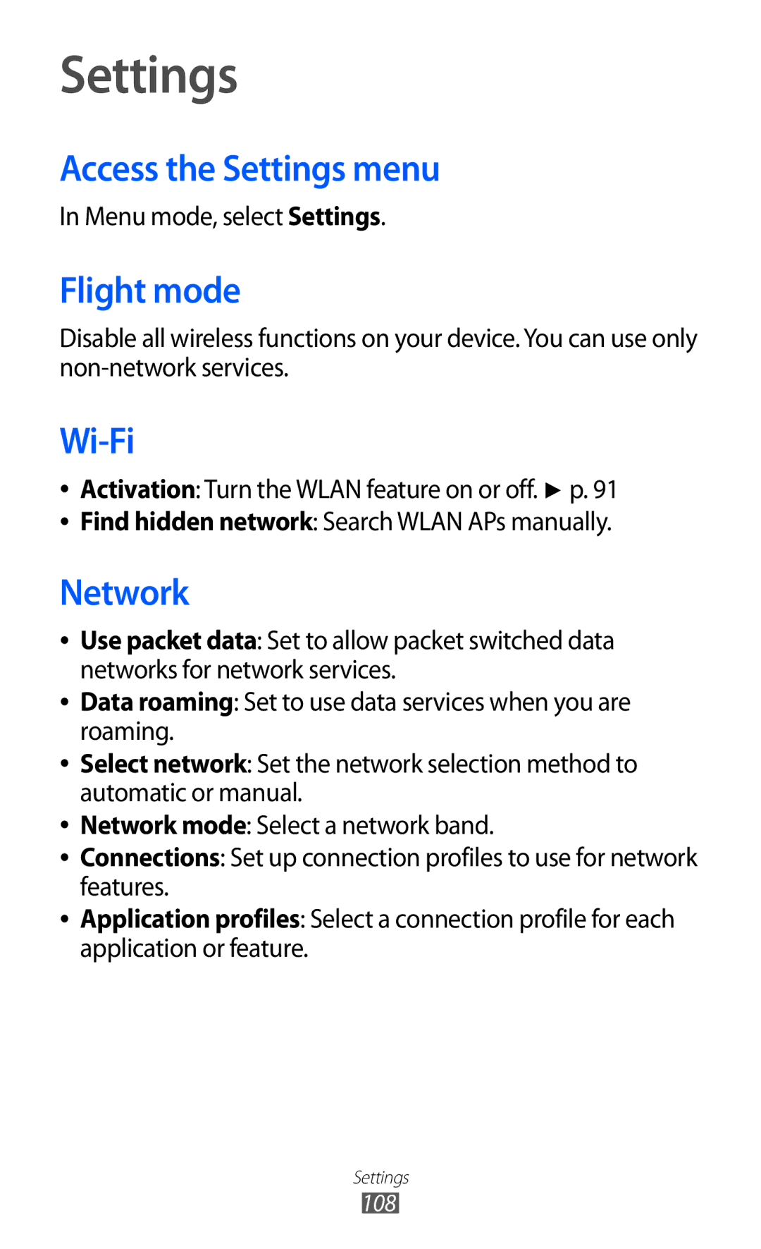 Samsung GT-S7250MSDXXV, GT-S7250MSDWIN, GT-S7250MSDITV, GT-S7250MSDYOG Access the Settings menu, Flight mode, Network 