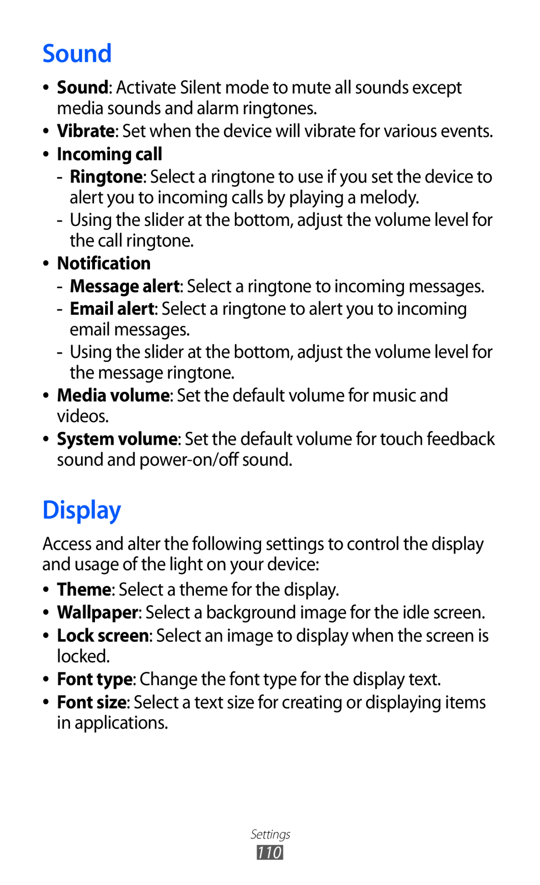 Samsung GT-S7250MSDWIN, GT-S7250MSDITV, GT-S7250MSDYOG, GT-S7250MSDJED, GT-S7250MSDSKZ manual Sound, Display, Notification 