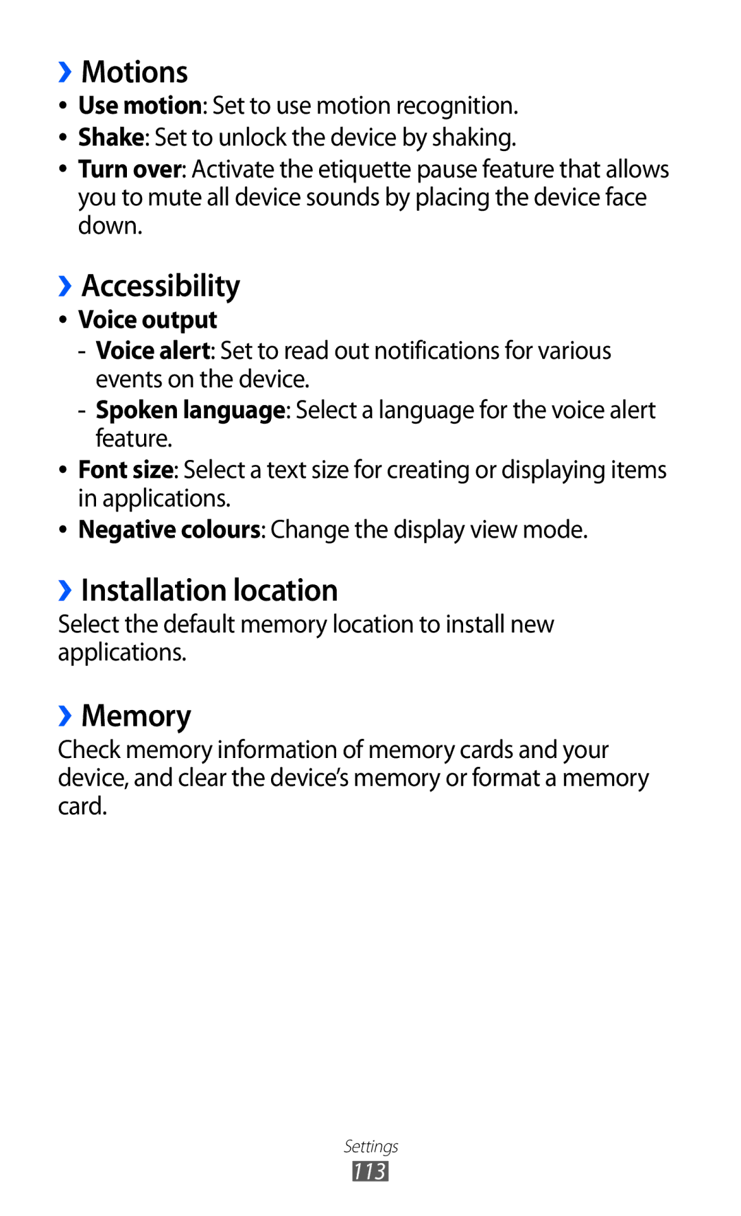 Samsung GT-S7250MSDJED, GT-S7250MSDWIN manual ››Motions, ››Accessibility, ››Installation location, ››Memory, Voice output 