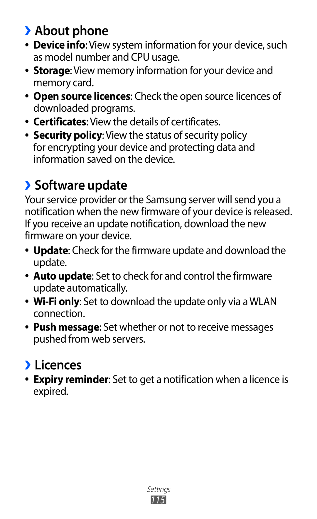 Samsung GT-S7250MSDTHR, GT-S7250MSDWIN, GT-S7250MSDITV, GT-S7250MSDYOG manual ››About phone, ››Software update, ››Licences 