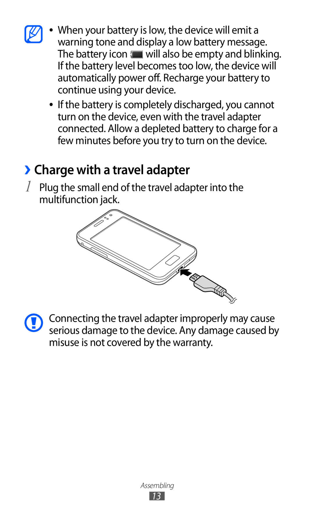 Samsung GT-S7250MSDYOG, GT-S7250MSDWIN, GT-S7250MSDITV, GT-S7250MSDJED, GT-S7250MSDSKZ manual ››Charge with a travel adapter 