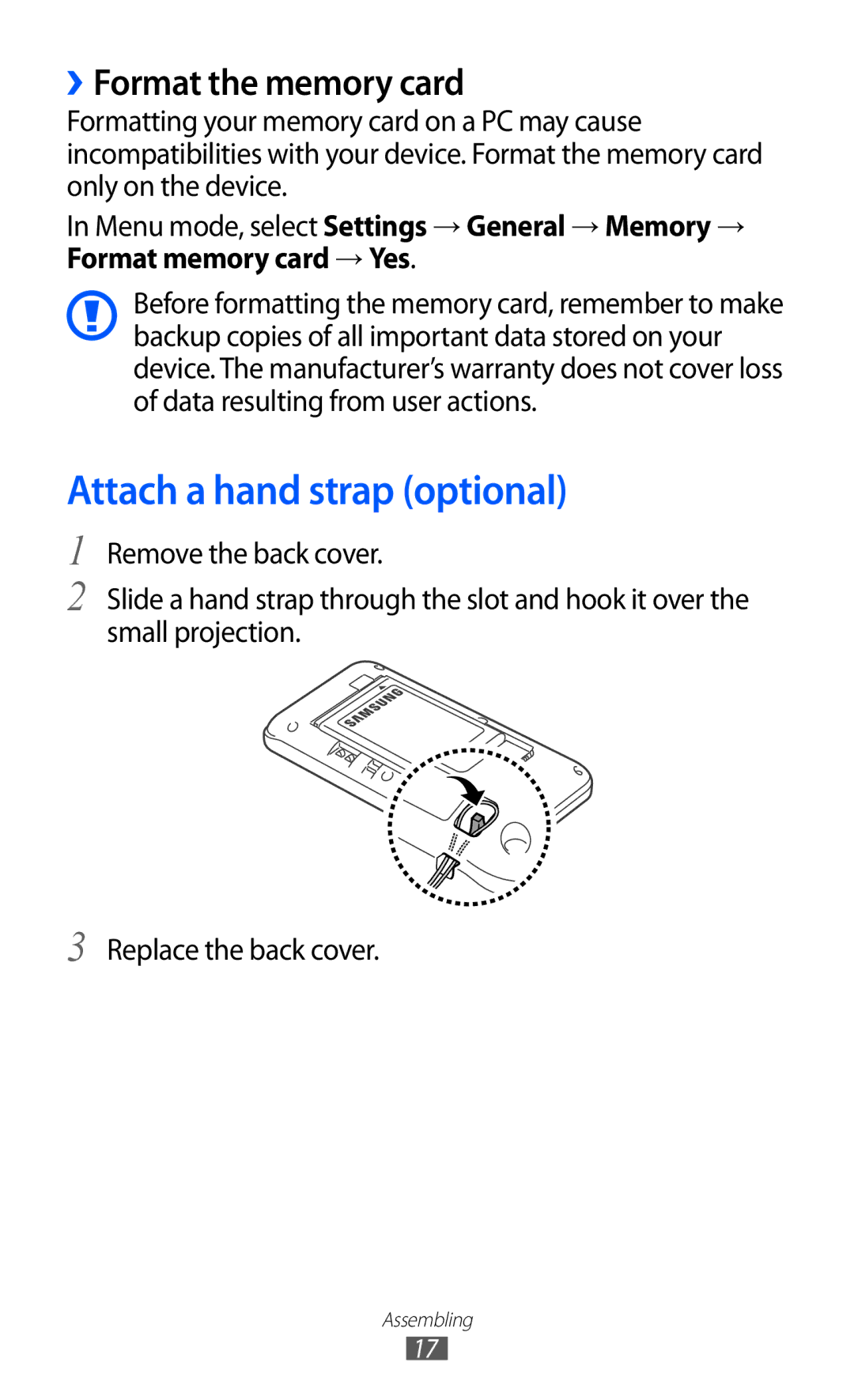 Samsung GT-S7250MSDKSA, GT-S7250MSDWIN, GT-S7250MSDITV manual Attach a hand strap optional, ››Format the memory card 