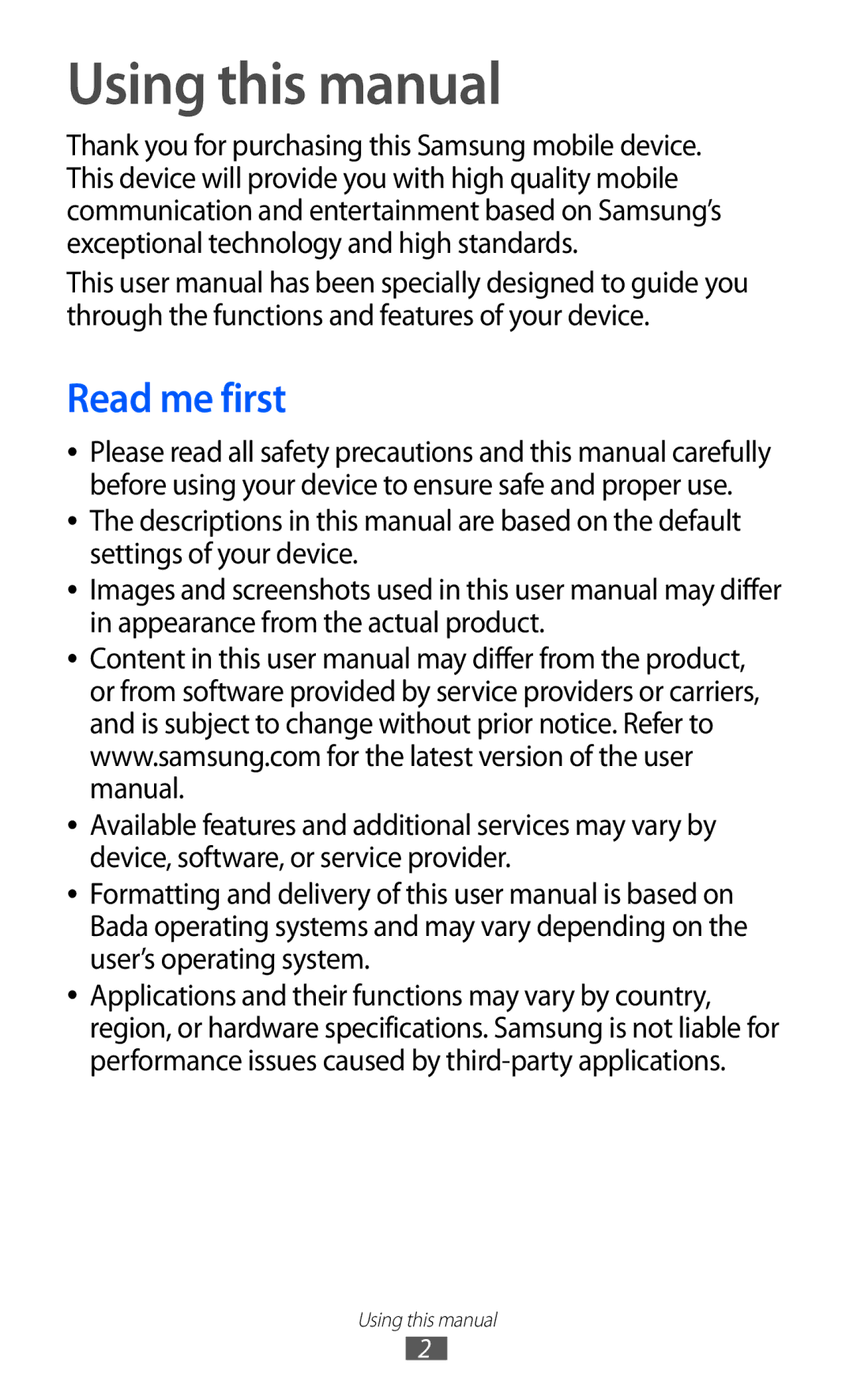 Samsung GT-S7250MSDYOG, GT-S7250MSDWIN, GT-S7250MSDITV, GT-S7250MSDJED, GT-S7250MSDSKZ Using this manual, Read me first 