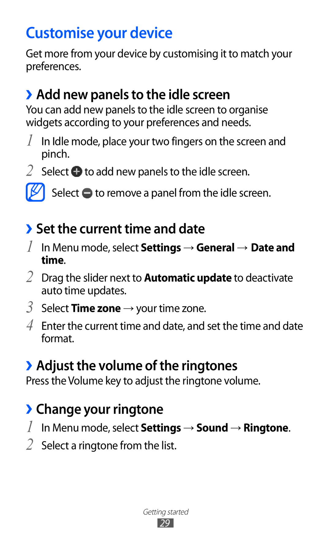 Samsung GT-S7250MSDXSG manual Customise your device, ››Add new panels to the idle screen, ››Set the current time and date 
